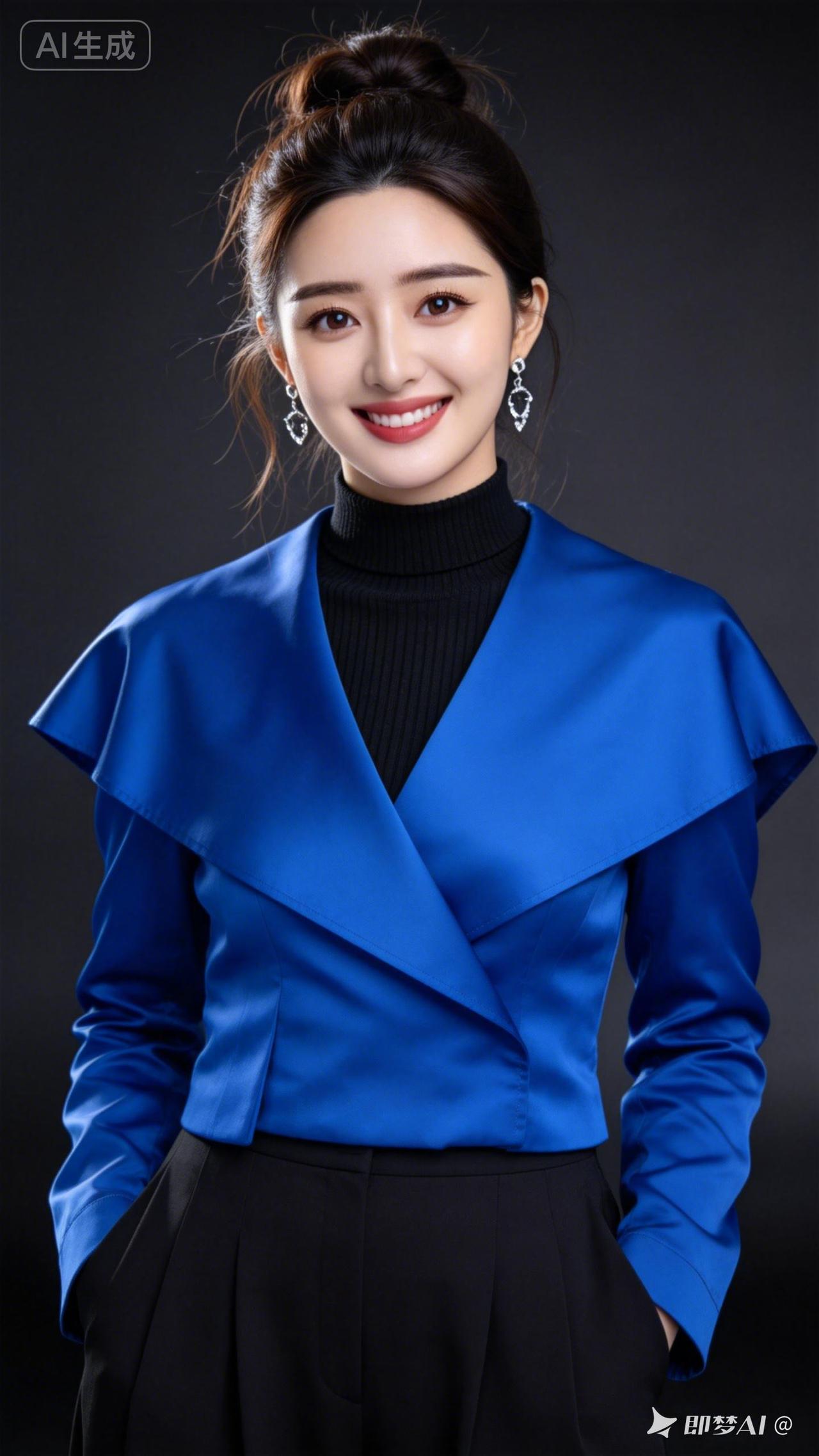 女子优雅浅笑，发丝柔顺亮泽，长发凌乱盘起，浓眉大眼明亮有神，肌肤白皙。外搭宝蓝色