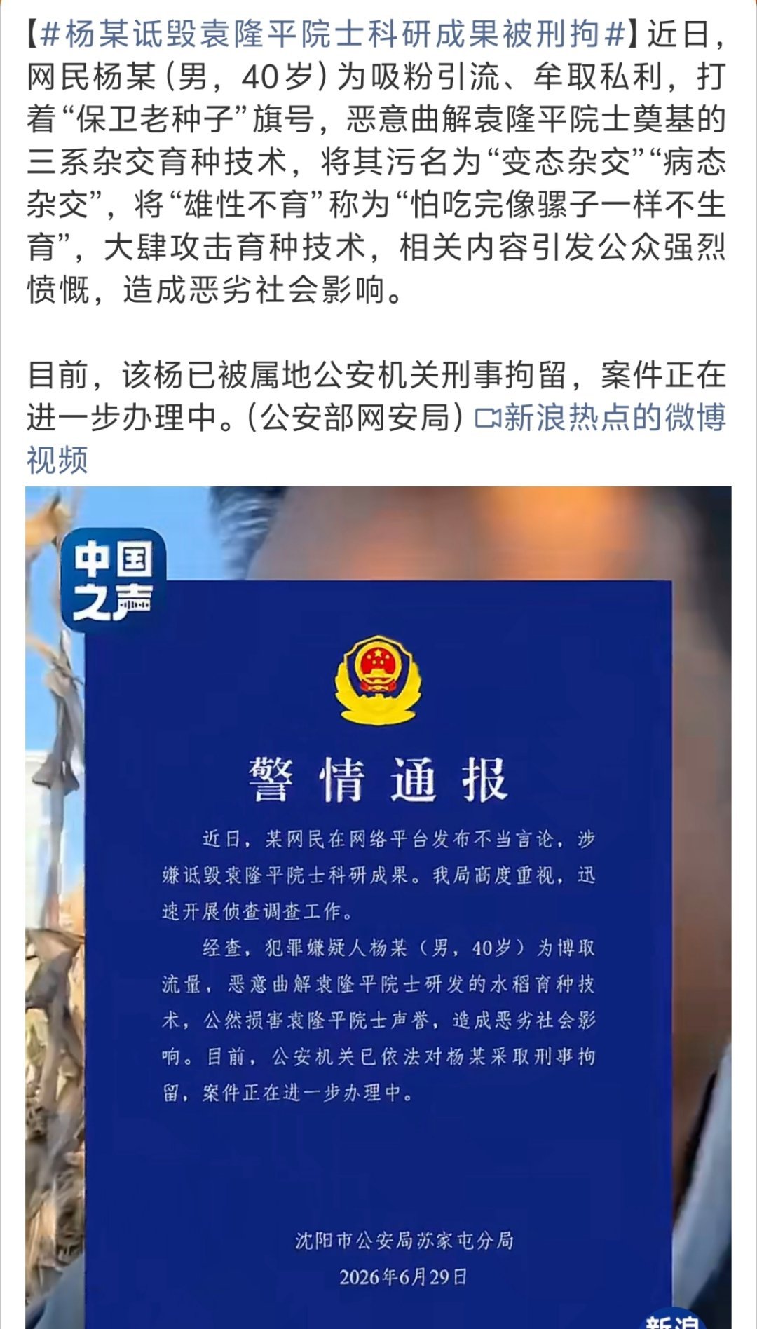 杨某诋毁袁隆平院士科研成果被刑拘好好好 干的漂亮，为了博取流量竟然什么话都敢说，
