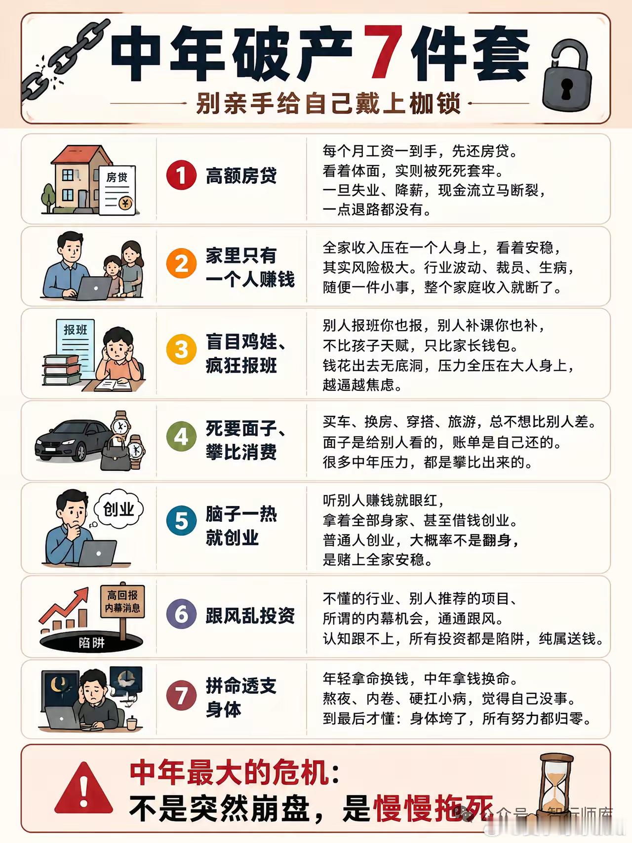 中年破产7件套，每个家庭应该都会有所体会。1️⃣高额房贷，每月工资一到手，先还房