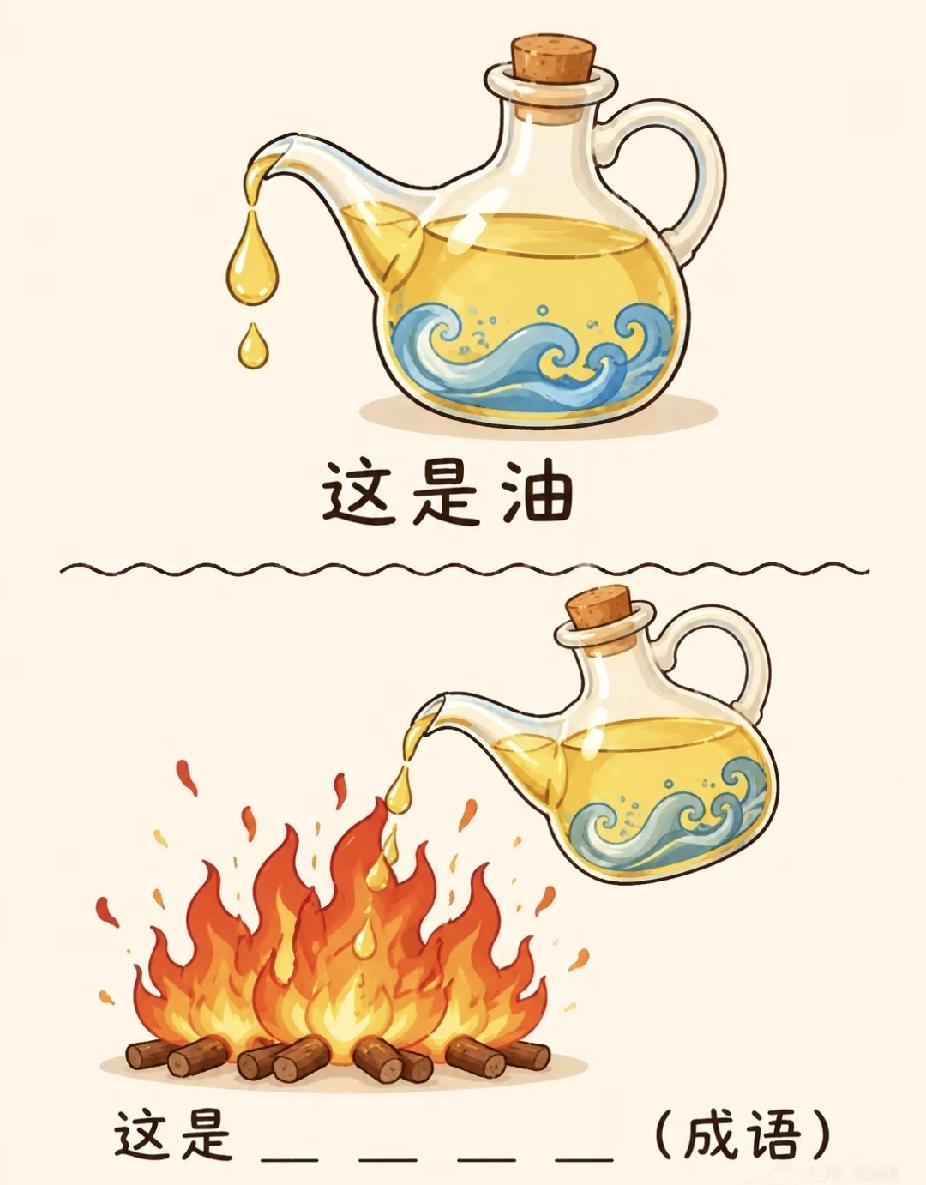 看图猜成语！油往火上倒，打一成语你能秒答吗