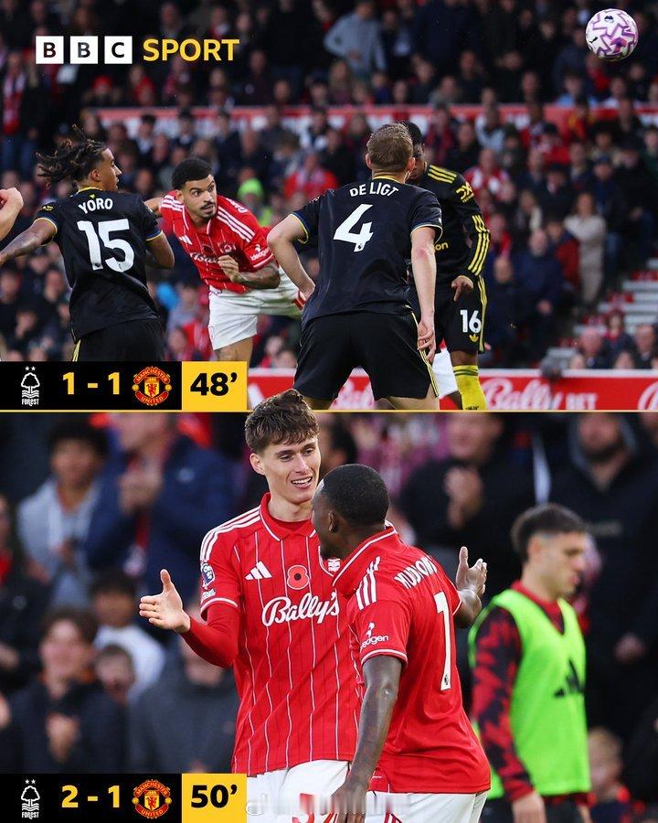 诺丁汉森林vs曼联 诺丁汉森林队结束了英超联赛长达536分钟的进球荒……并且一口