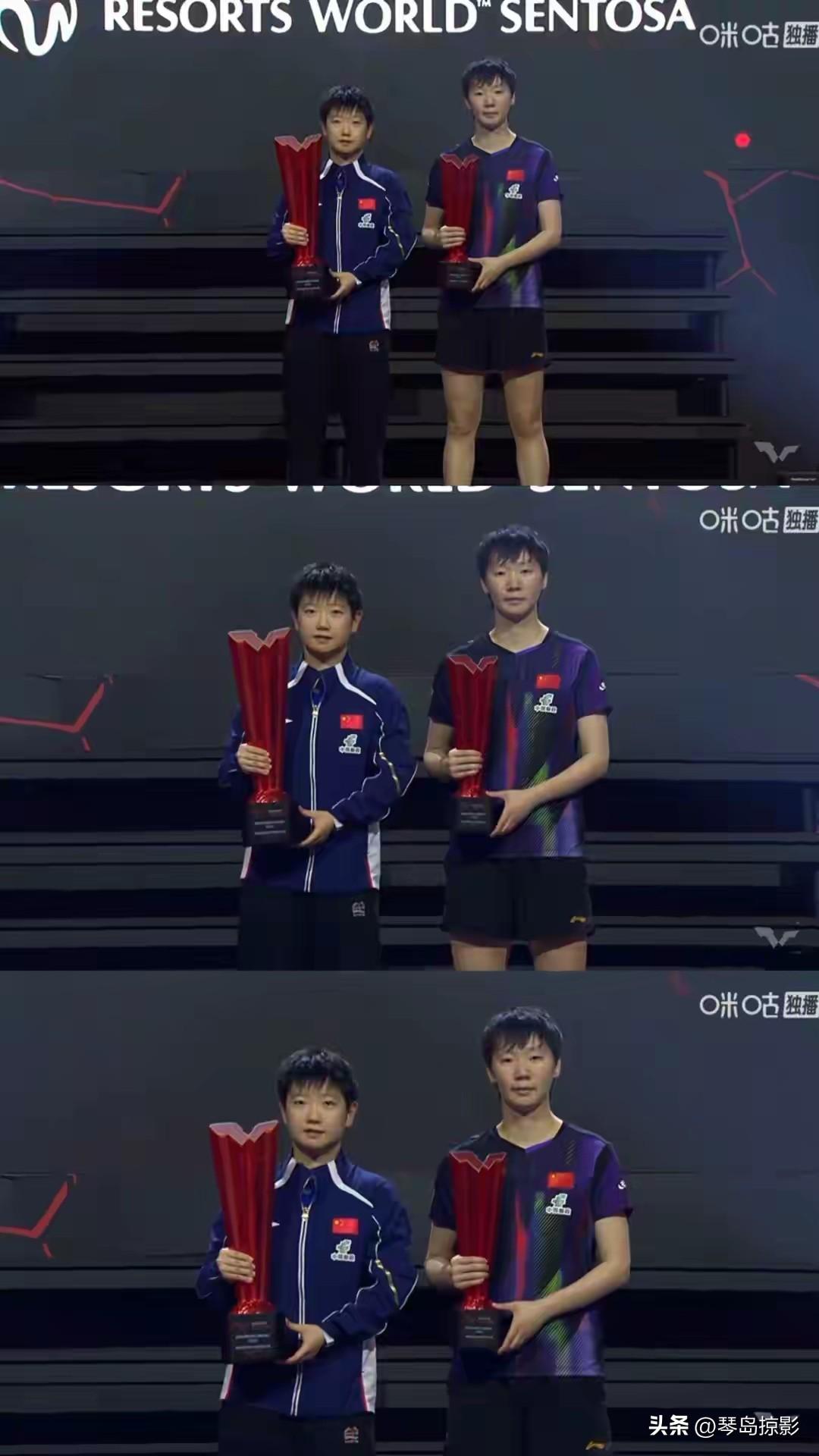 网上评论说，王曼昱在颁奖典礼上没有笑容，这很正常啊，在亚洲杯和新加坡大满贯赛中接