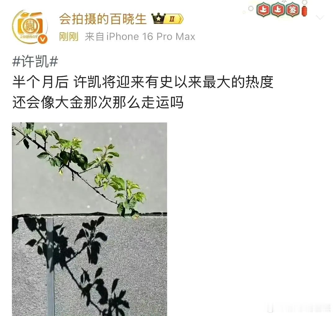 狗仔放话许凯要迎"史上最大热度"，却把悬念拽了半个月。这波操作有意思——是怕提前