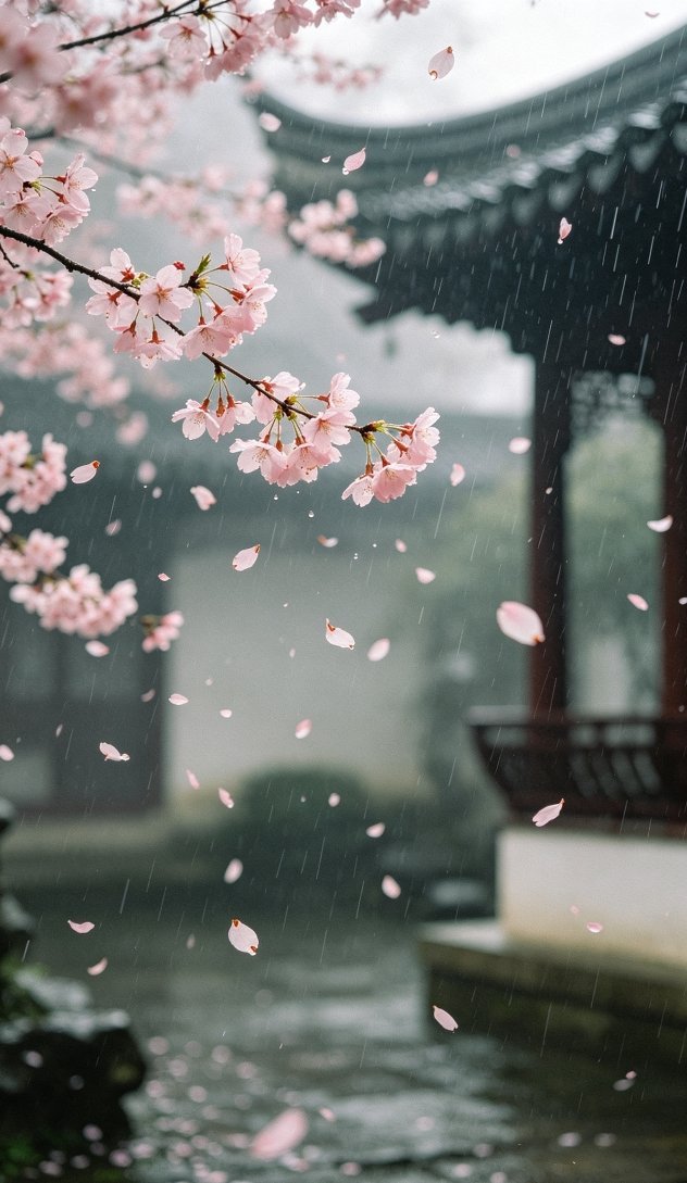 细雨漫过廊下，樱花转瞬飘零，热烈欢喜从来都短暂易碎。 