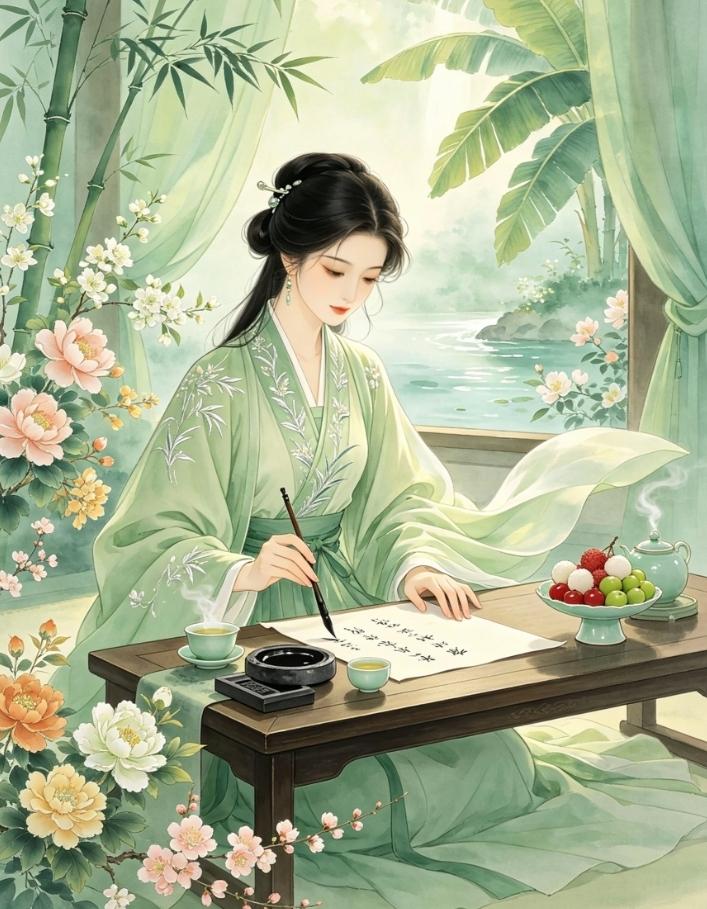 远是非  寻潇洒
地暖江南燕宜家
人闲水北春无价
一品茶   五色瓜  四季花