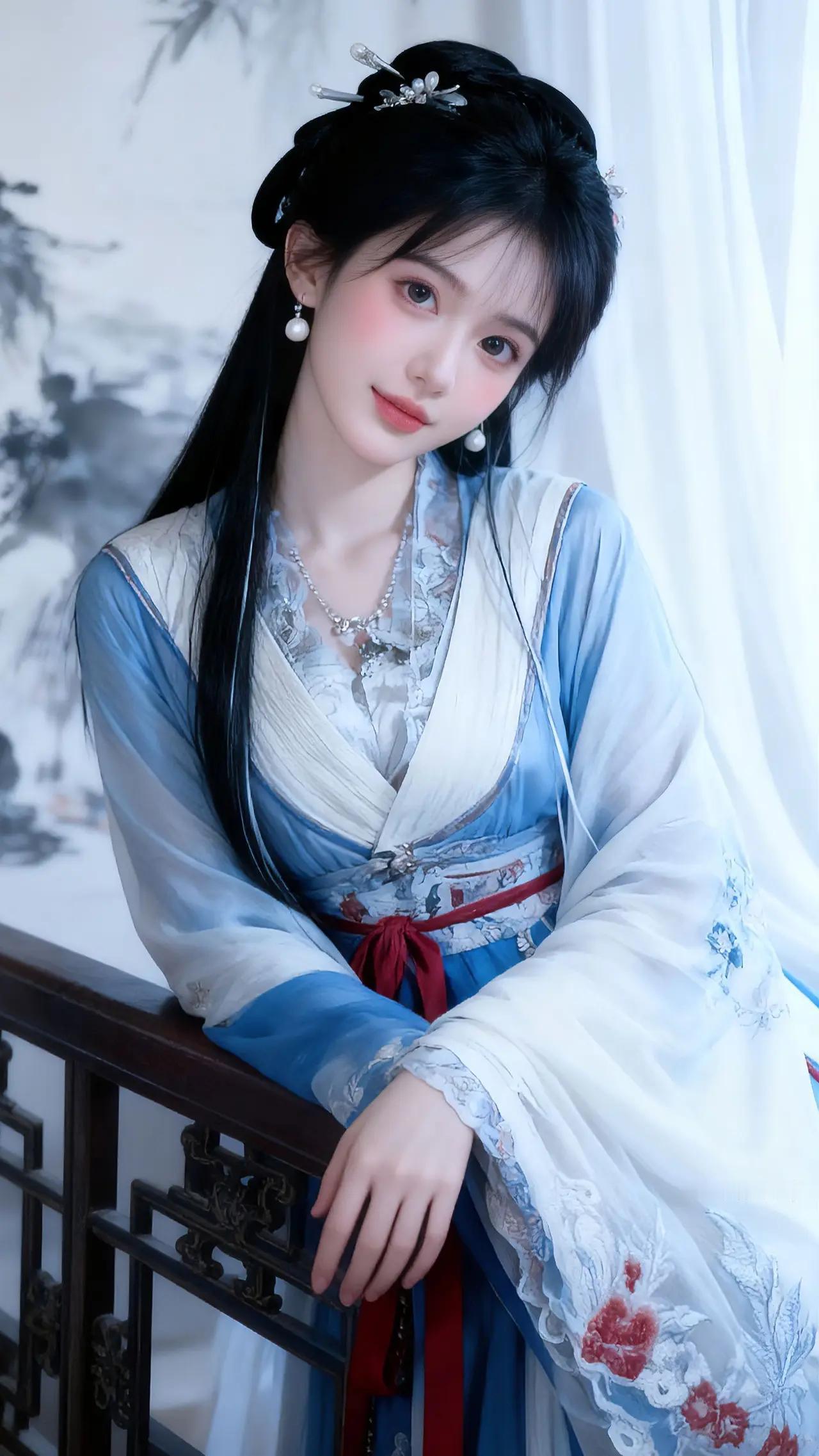 这是一幅美到令人屏息的古风佳人图。画中仙子身着青白相间的华服，外披轻纱，内衬刺绣