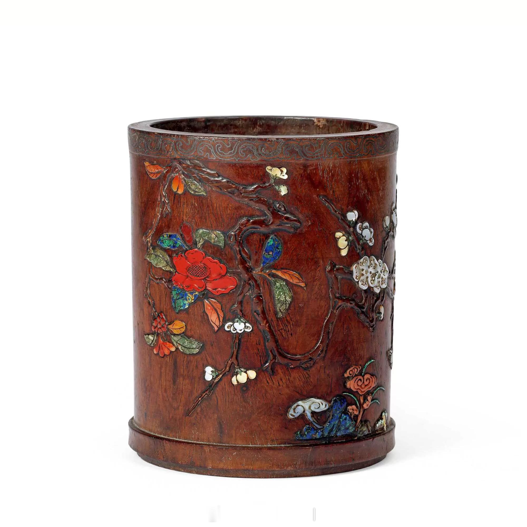 悦木集 | 明 黄花梨百宝嵌花卉嵌银丝诗文笔筒款识： 眉公 、珍玩铭文：小桥流水