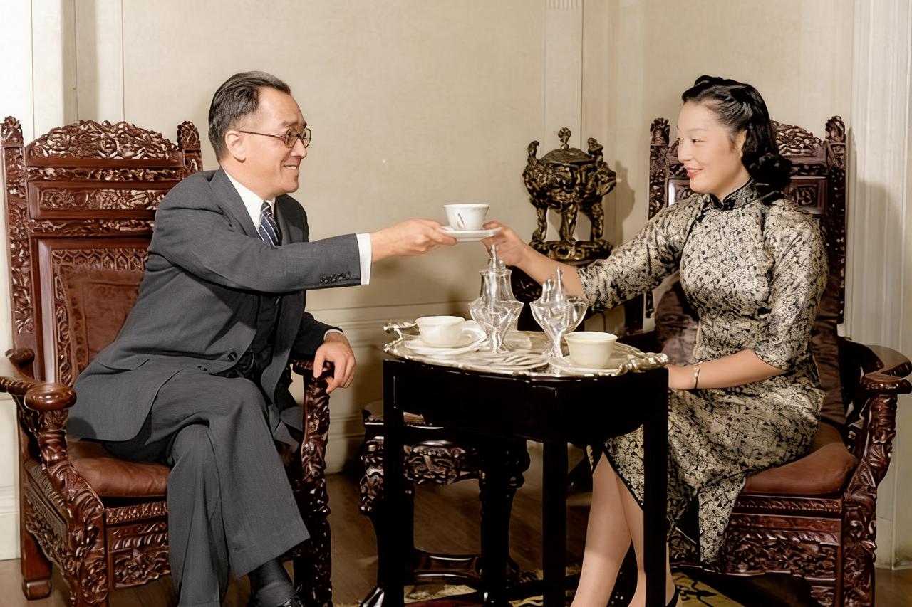 1941年，胡适在大使馆内，悠闲的喝着下午茶，美国记者前来采访他，他热情接待，并