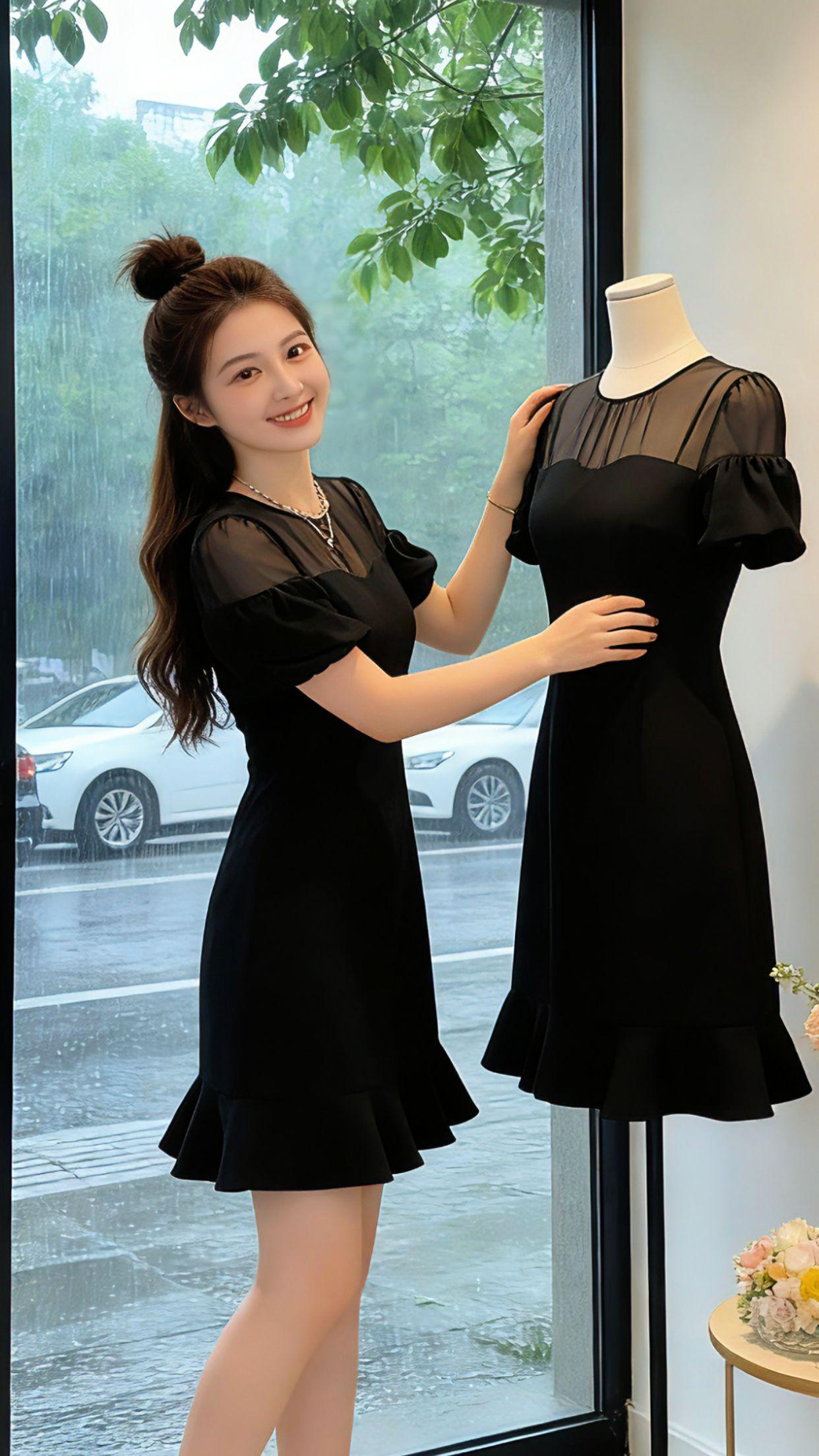 Danny的夏日出行穿搭，全靠这条小黑裙撑场面。微透网纱拼接温柔不沉闷，泡泡袖藏