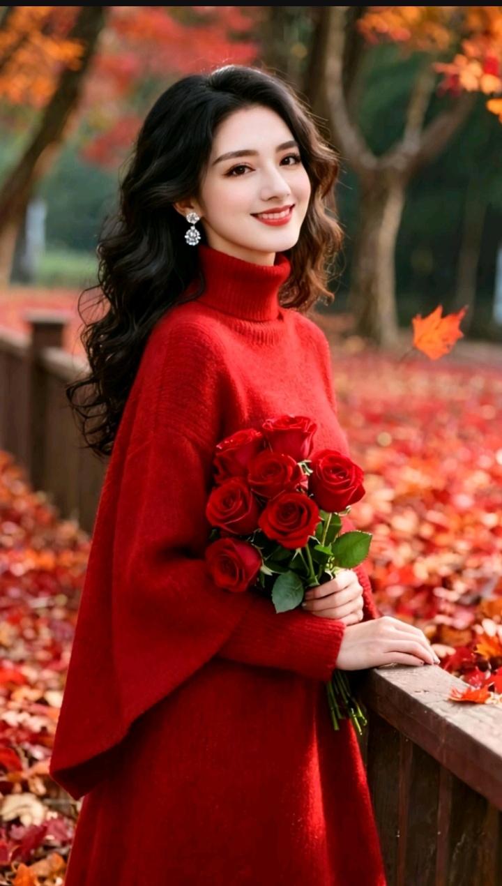 她抱着一束红玫瑰，微笑着看向镜头。中年女人,最渴望什么? “有钱”跟“人品好”，