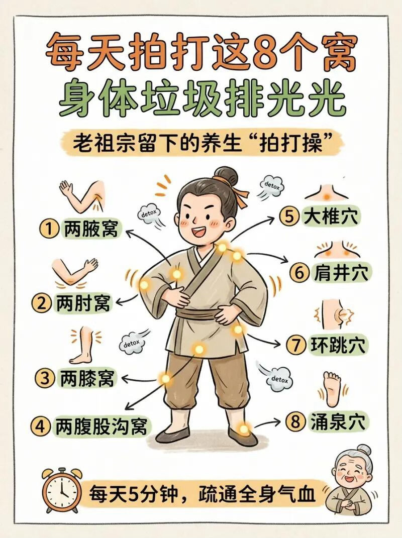 养生科普｜每天5分钟拍八虚，给身体大扫除每天不用多，每个窝窝用“空心掌”拍打30