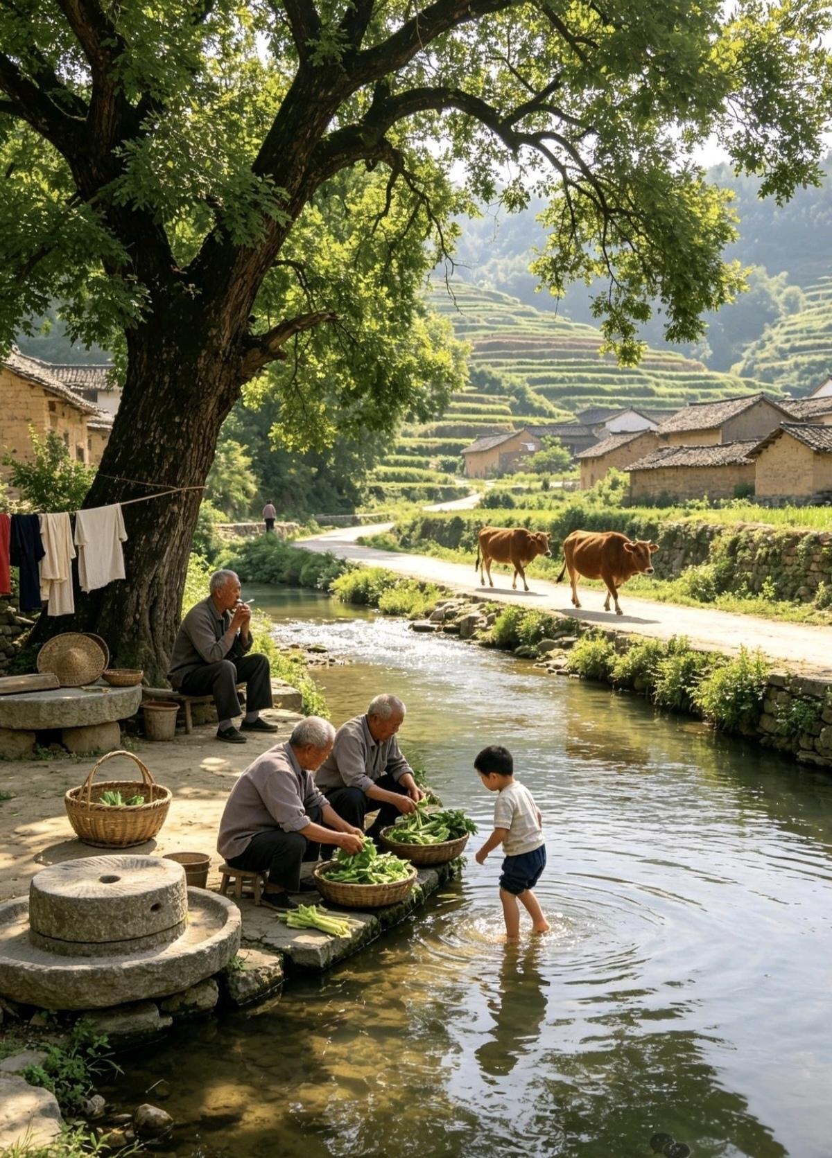两个老头在择菜，
一个树下刁烟袋。
男童站在水里看，
…………………………
请你