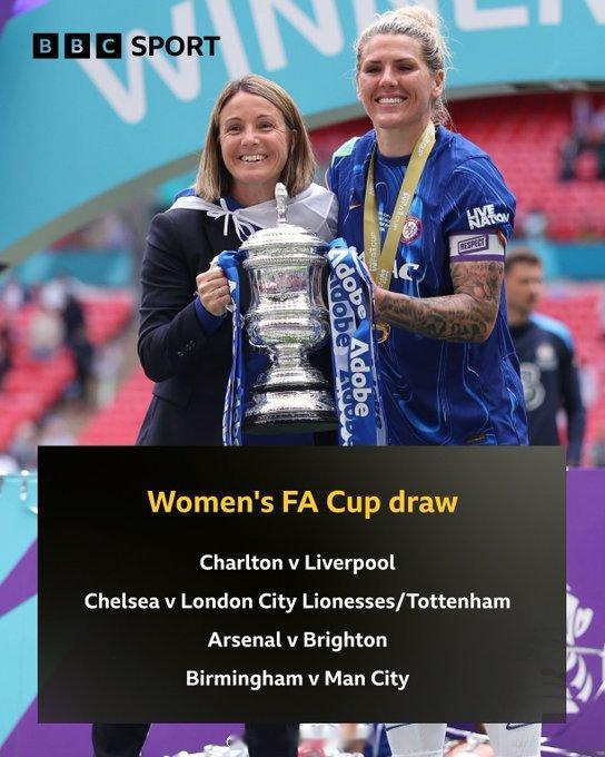 女子足总杯四分之一决赛抽签结果已出炉，八强赛将于4月5日星期日举行阿森纳著名教授