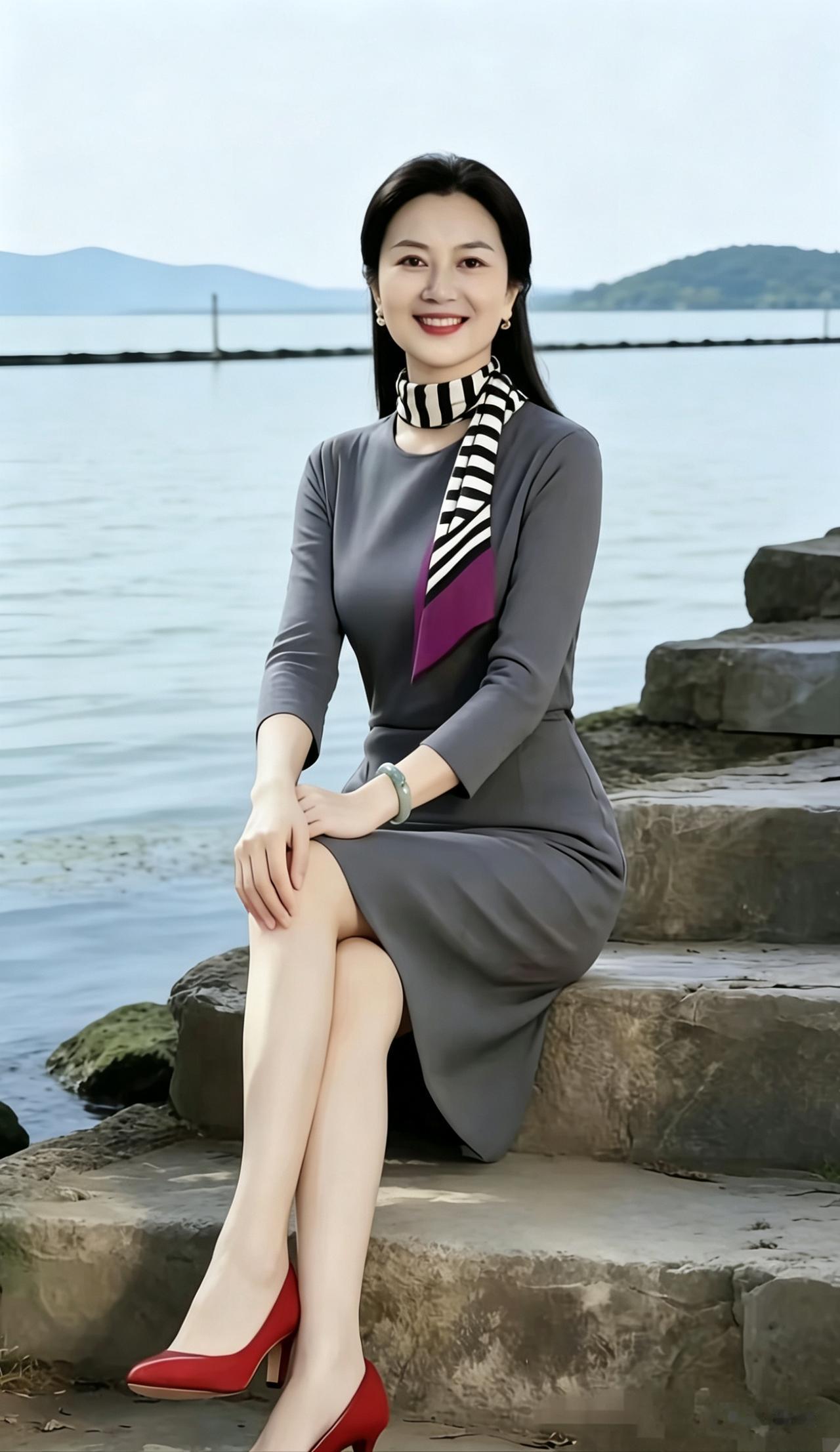 优雅坐于湖畔，红鞋与灰裙相映成趣，尽显时尚与自然之美。