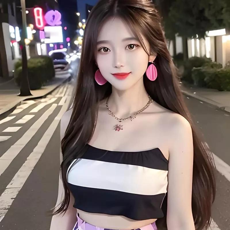 夜晚街拍，甜美少女风，粉色耳环，霓虹灯下的时尚女孩