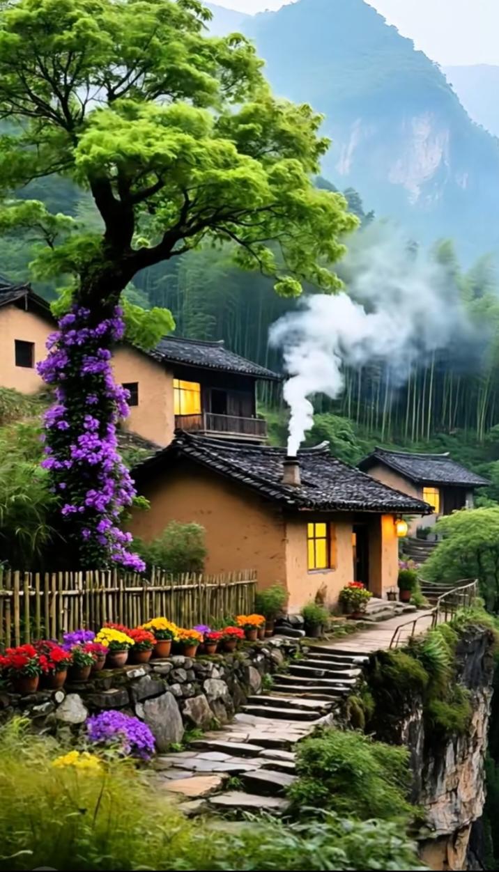 逃离尘嚣纷扰，归隐竹篱茅舍。朝迎晨露沾衣，凉意沁心；暮观烟霞漫染，云卷云舒。鸡鸣