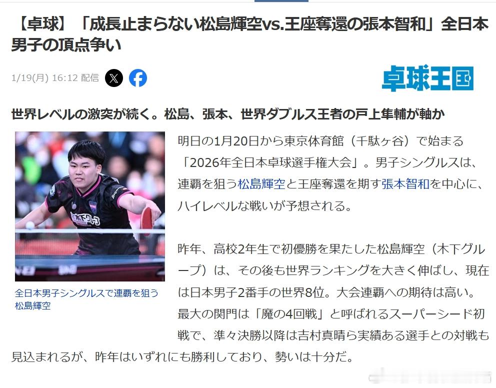 乒乓球全日锦2026张本智和 【日媒】《“成长不止的松岛辉空 vs 重夺王座的张
