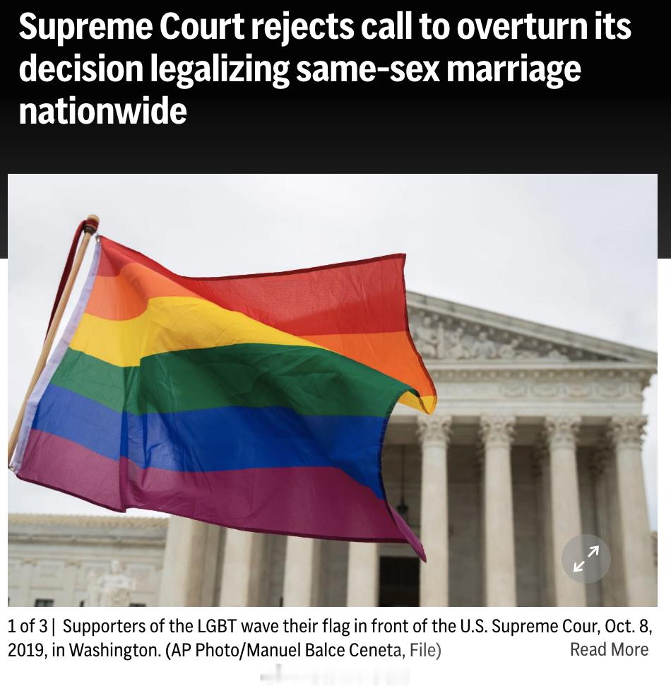 美国最高法院周一驳回了前肯塔基州县书记员Kim Davis提出的上诉请求，拒绝考