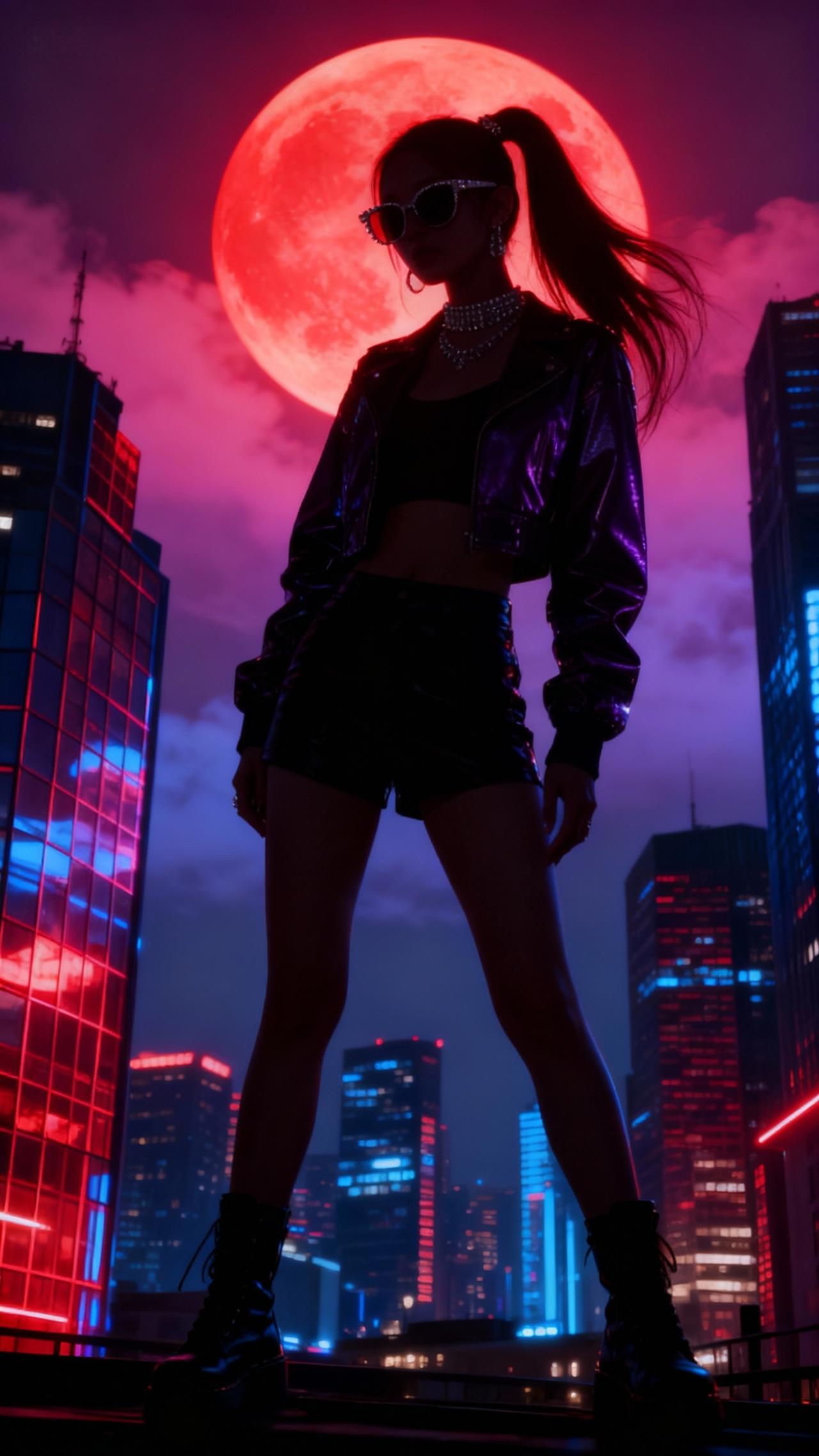 都市酷女孩，红月之夜，时尚穿搭，都市夜景