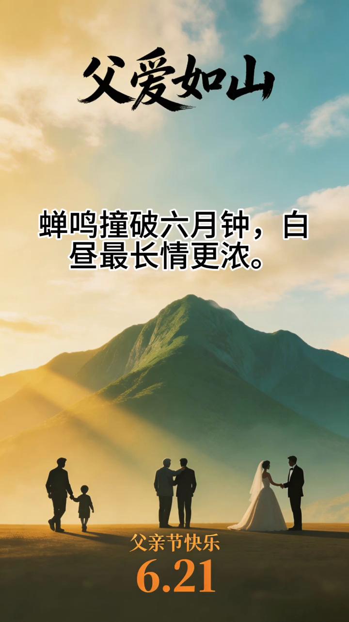 父爱如山。
《夏至逢父节·咏怀》
蝉鸣撞破六月钟，白昼最长情更浓。
烈日倾辉铺万