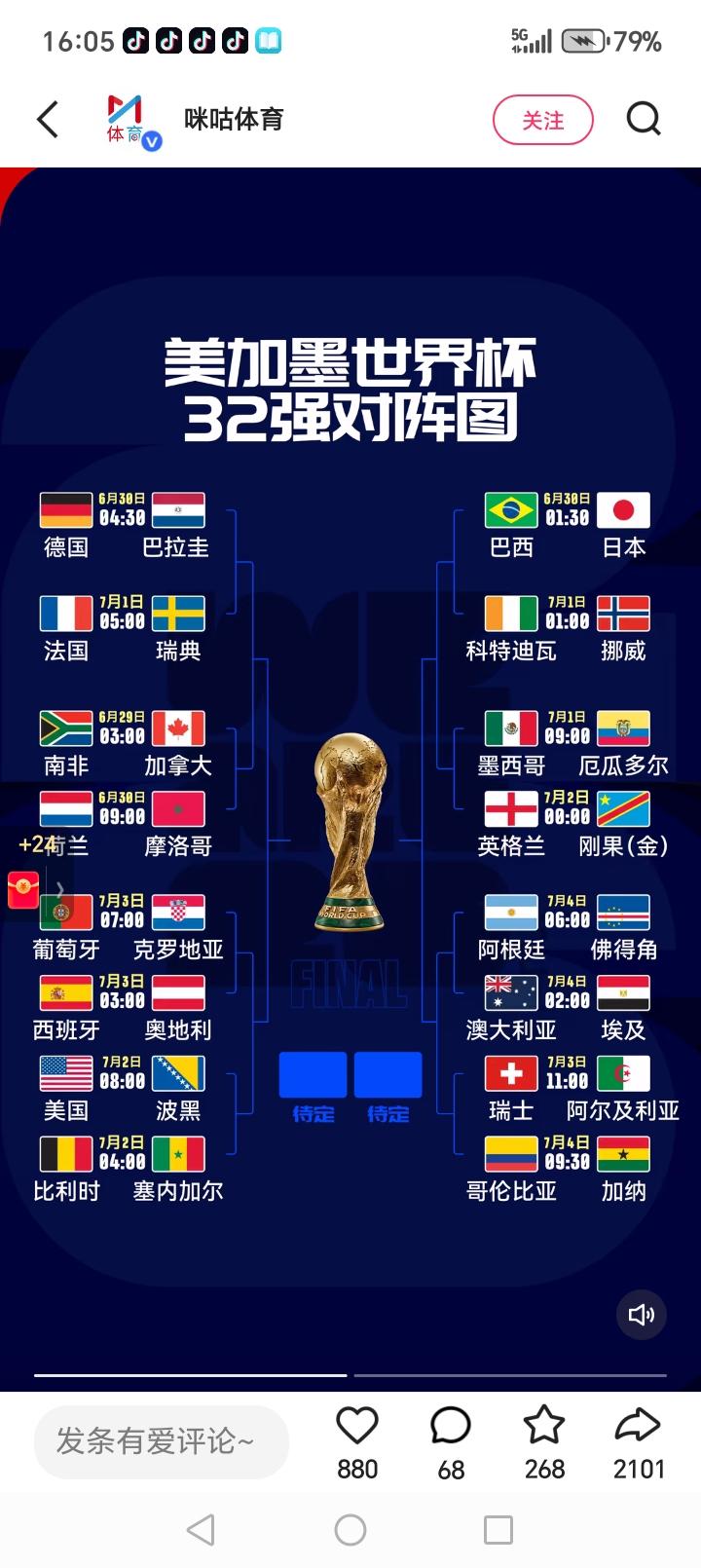2026年美加墨世界杯32强出炉，大家预测一下16强？