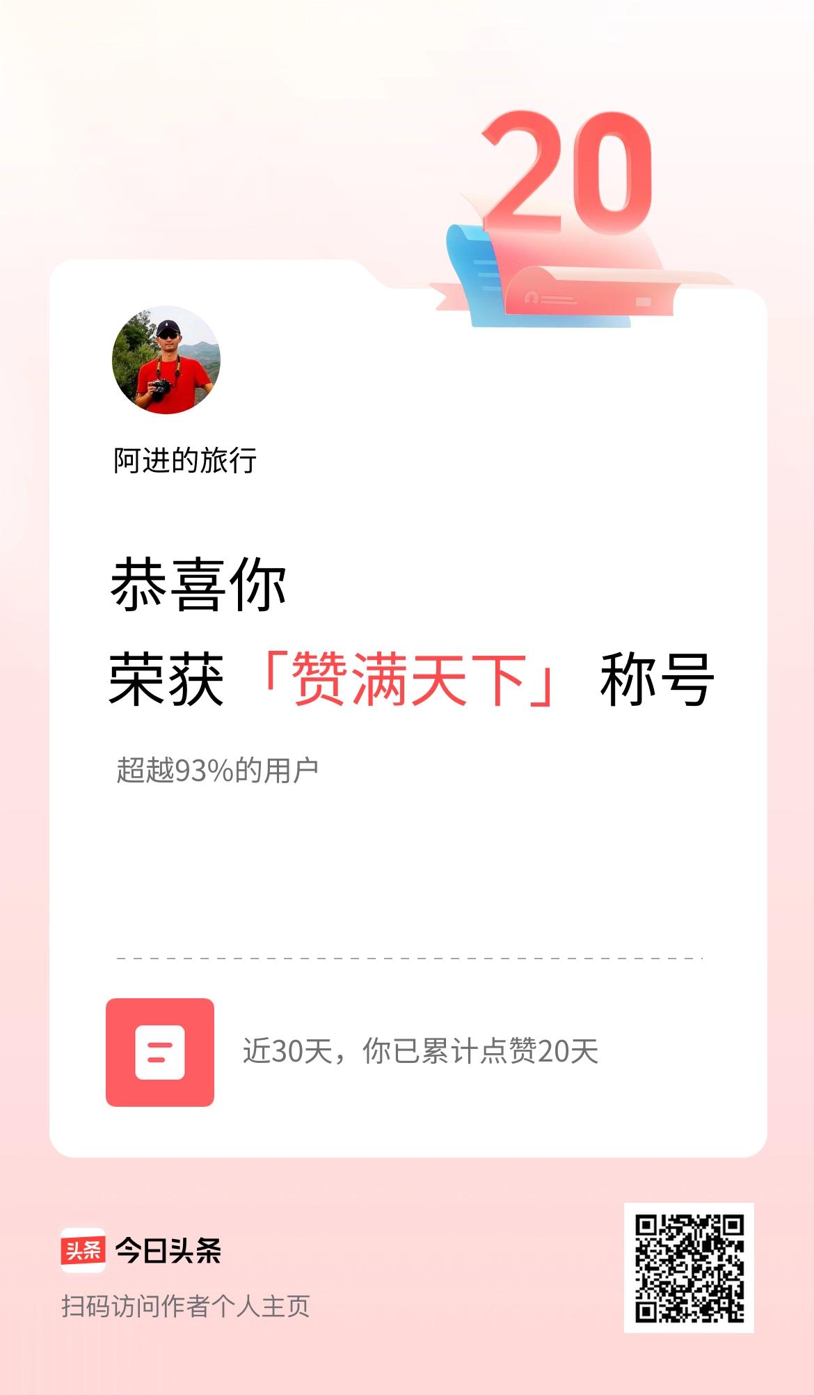我在头条30天内点赞打卡20天，获得“赞满天下”称号