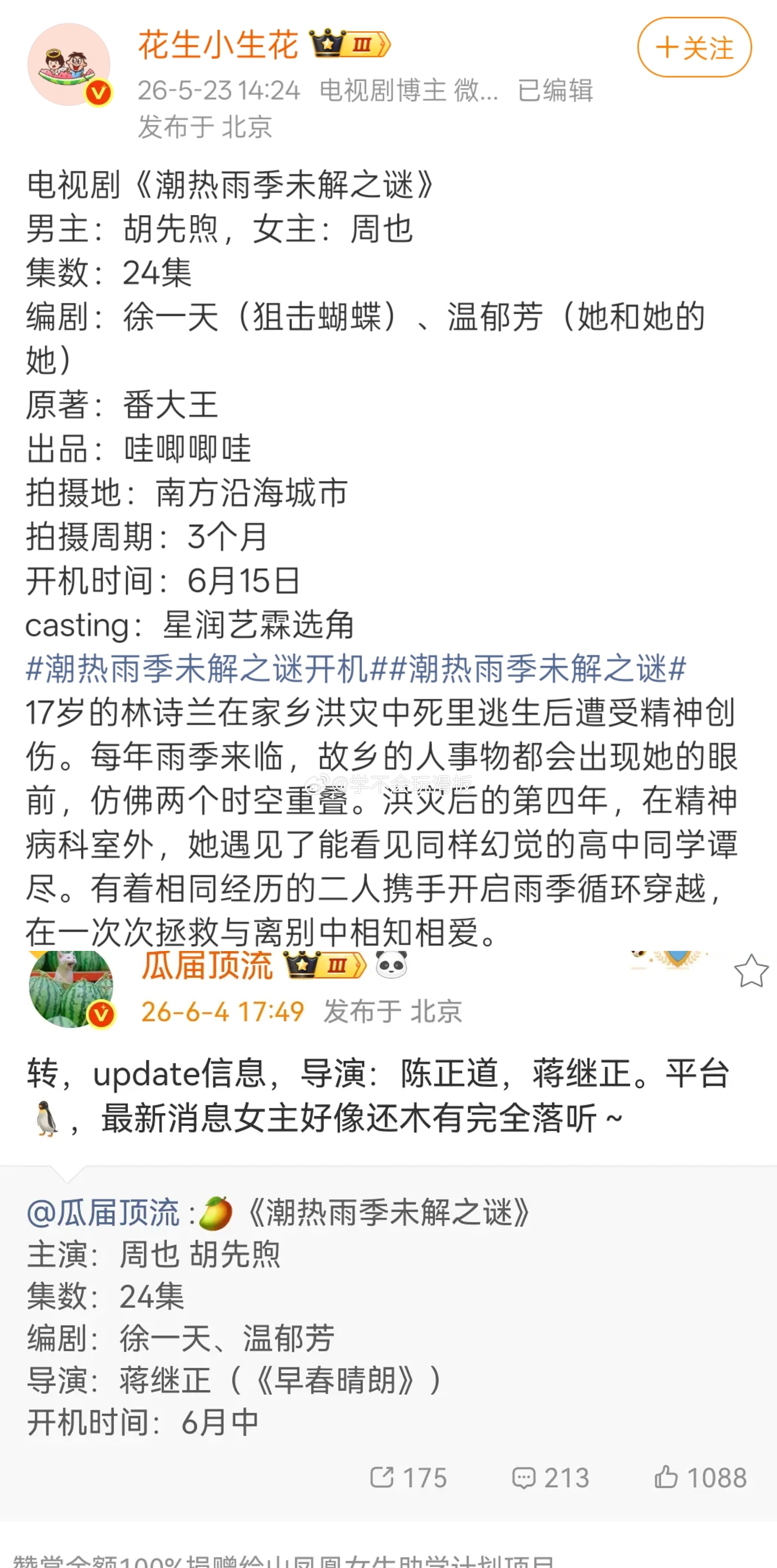 电视剧《潮热雨季未解之谜》升级班底，导演增加陈正道，平台是腾讯视频，不过瓜主却说