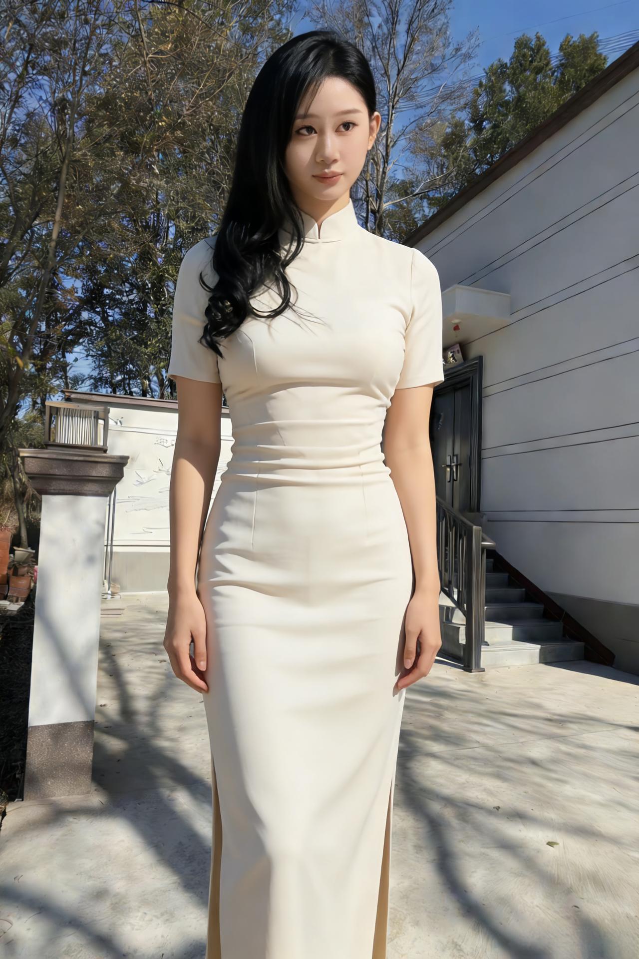 晨光斜斜切过砖地，她站在那里
白T恤的软，裹着年轻的骨肉
手插裤袋的随意，像风掠