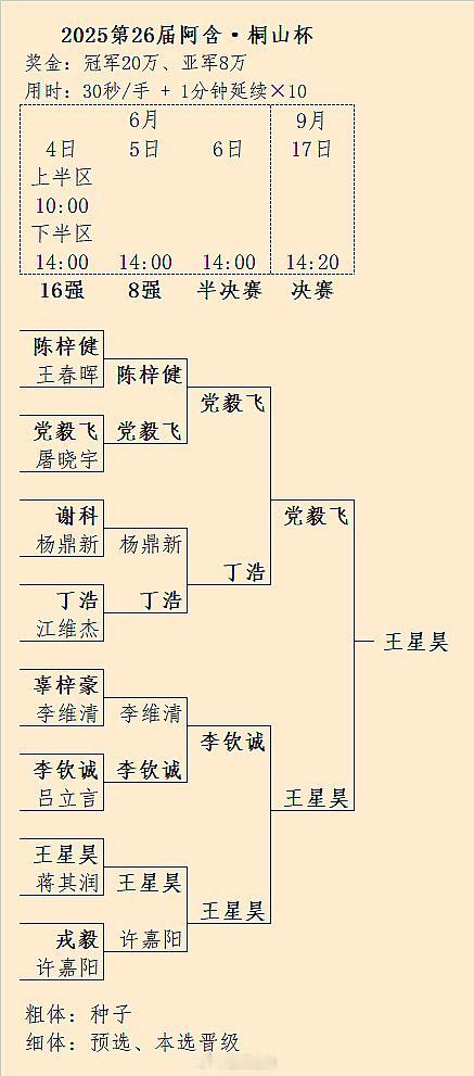 王星昊（胜 党毅飞）夺得第26届阿含桐山杯冠军（或为末代冠军）围棋  附历届