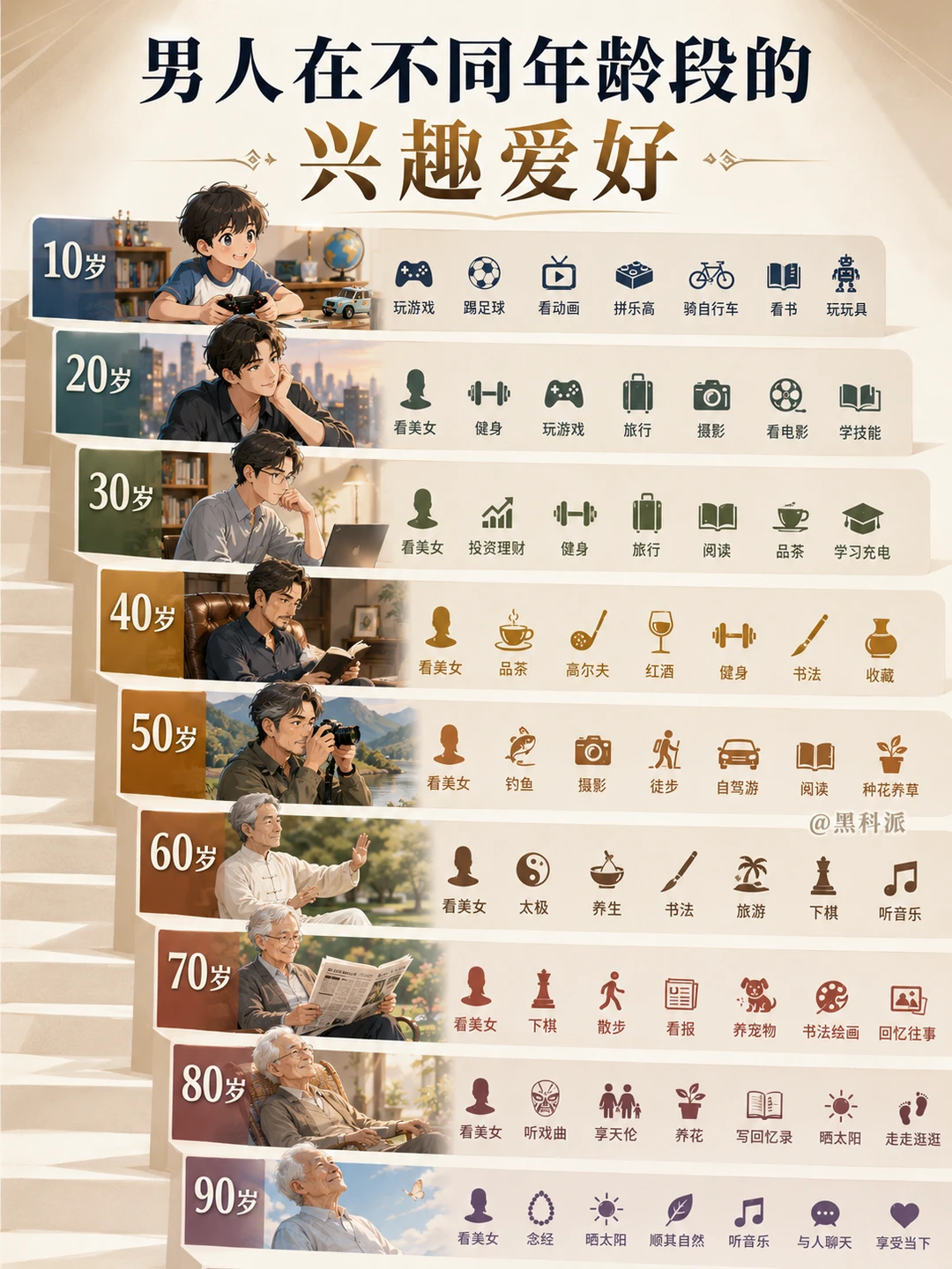 男人不同年龄段的兴趣爱好，你中了几条？