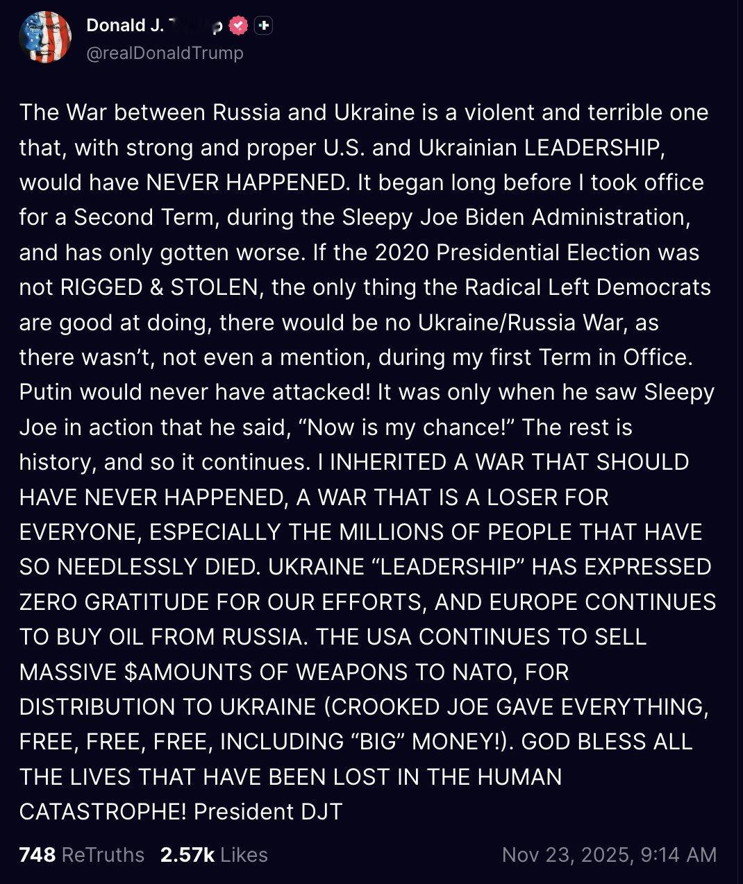 🔻特朗普刚刚发帖，痛斥“乌克兰领导层对我们的努力毫无感激之情”。🔻同时指责欧