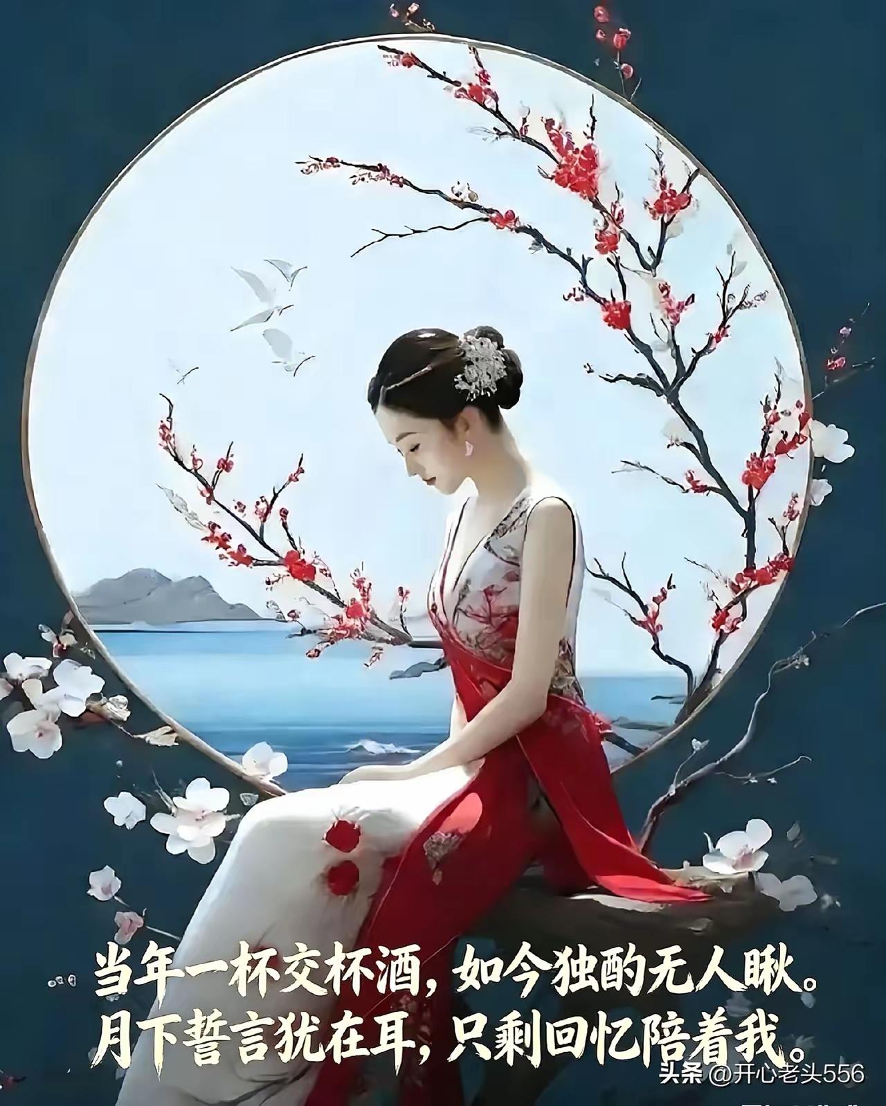 四块玉.忆旧
交杯残，孤斟久。
月下盟言水空流，
枕边泪湿秋和昼。
影自愁，梦未