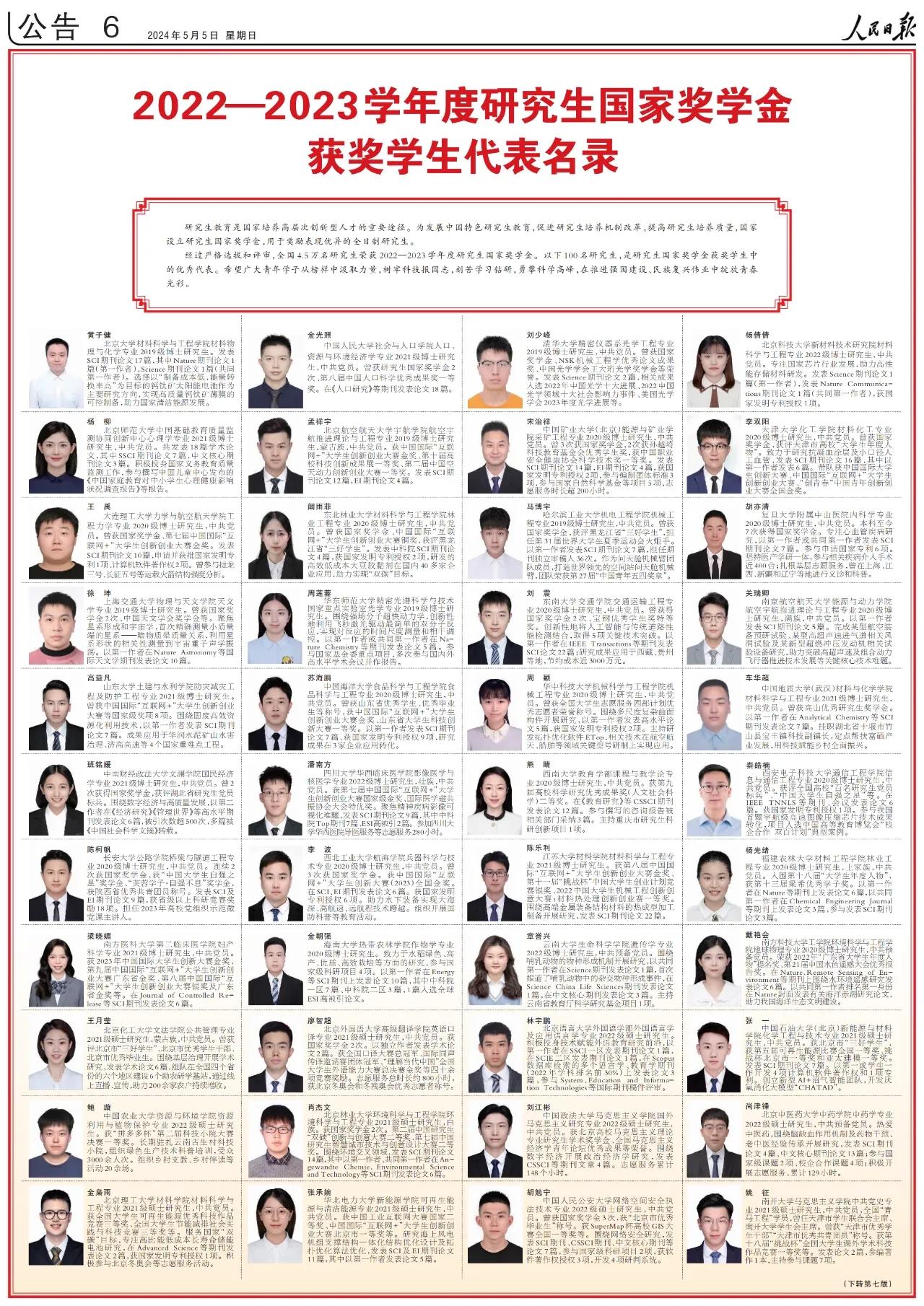 少年强则国强，少年智则国智，一起来看研究生国家奖学金获奖学生中的100名优秀代表