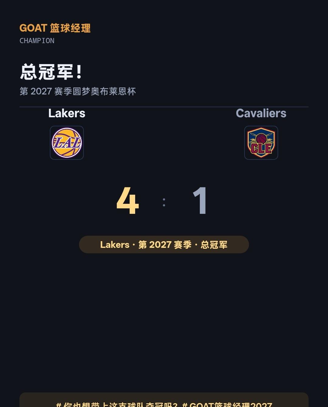 亲自带队 Lakers 夺冠，来分享这份喜悦
第 2027 赛季，我执教的 La