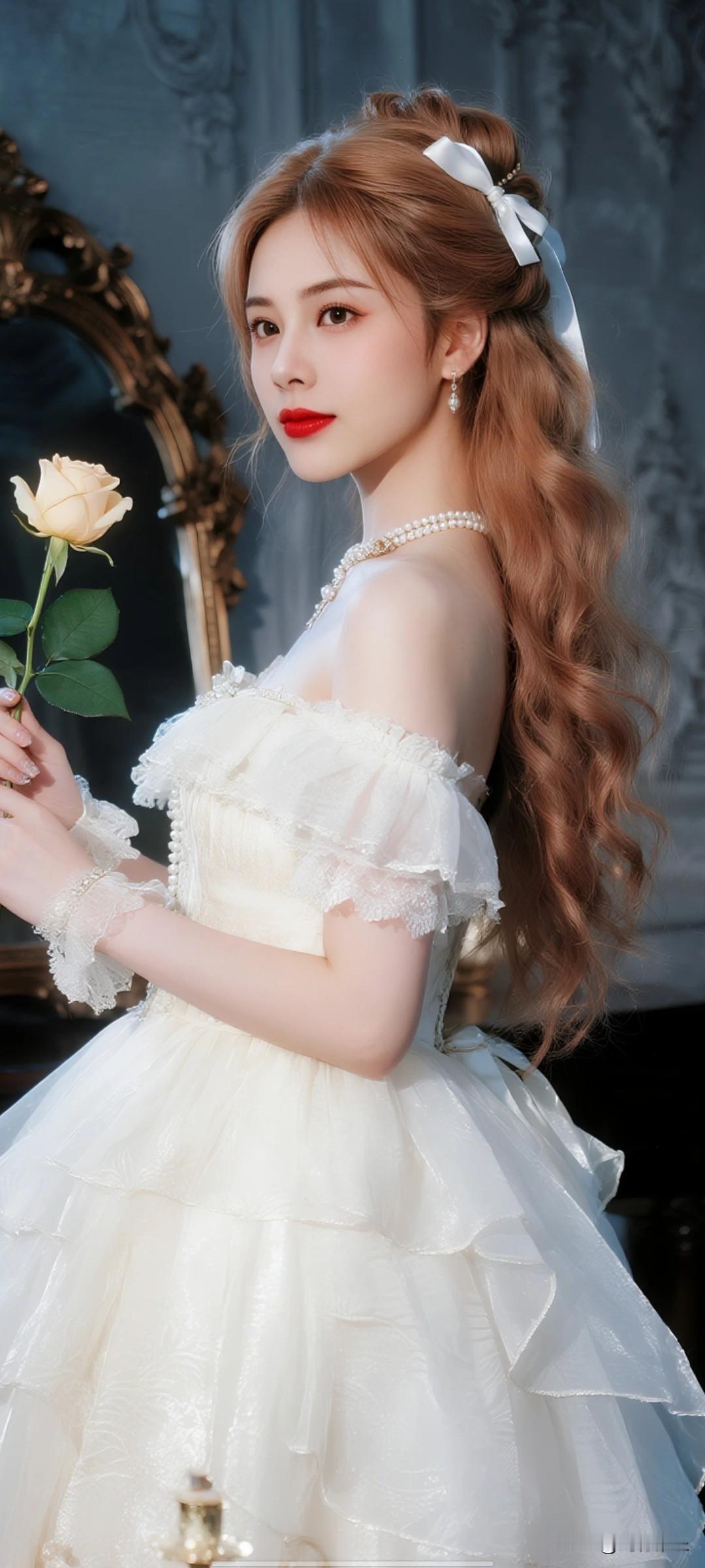 美少女，冷白皮，美艳动人，浅棕色波浪卷长发，身着米白色层叠纱质洛丽塔裙，搭配珍珠