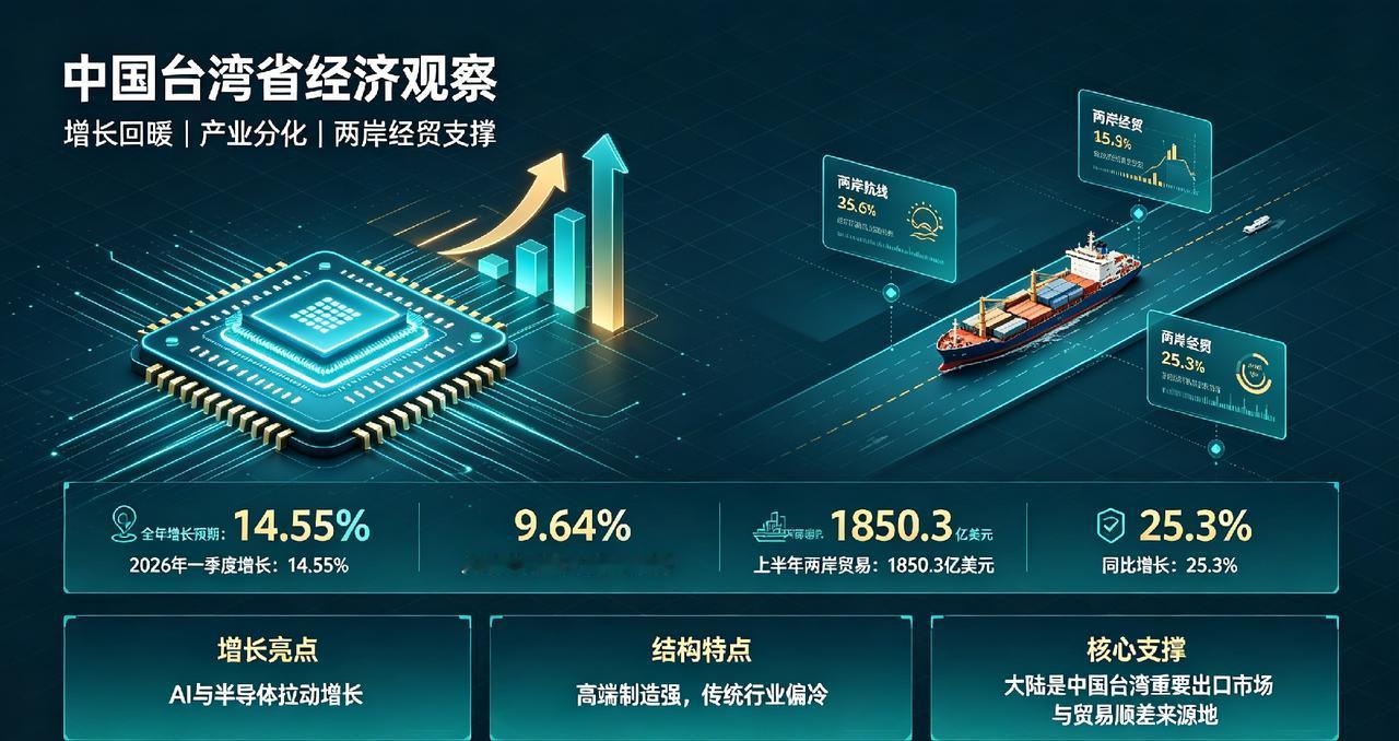 从整体增速来看，台湾今年经济复苏势头十分强劲。数据显示，2026年台湾一季度经济