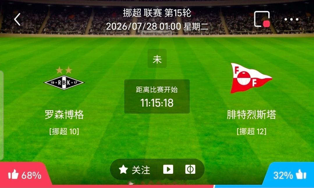 【足球】周一202挪超联赛方向：罗森博格vs腓特烈斯塔挪超：罗森博格VS腓特烈斯