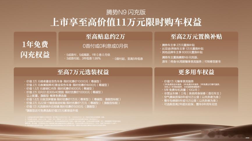 腾势N9闪充版上市，40.98万起。同时王力宏力挺腾势，成为第50万辆腾势车主，