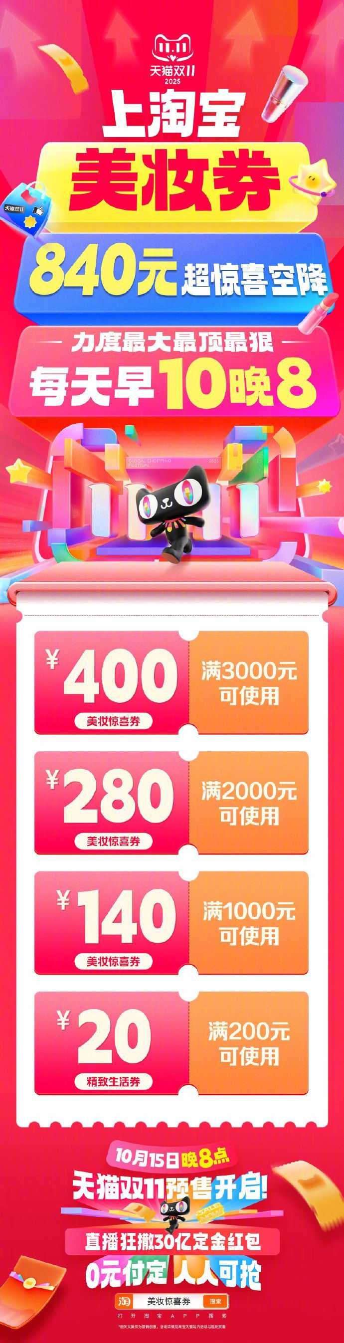 天猫双11美妆补贴历史新高史上力度超强、折扣超大的美妆券惊喜空降来袭！！折扣力度