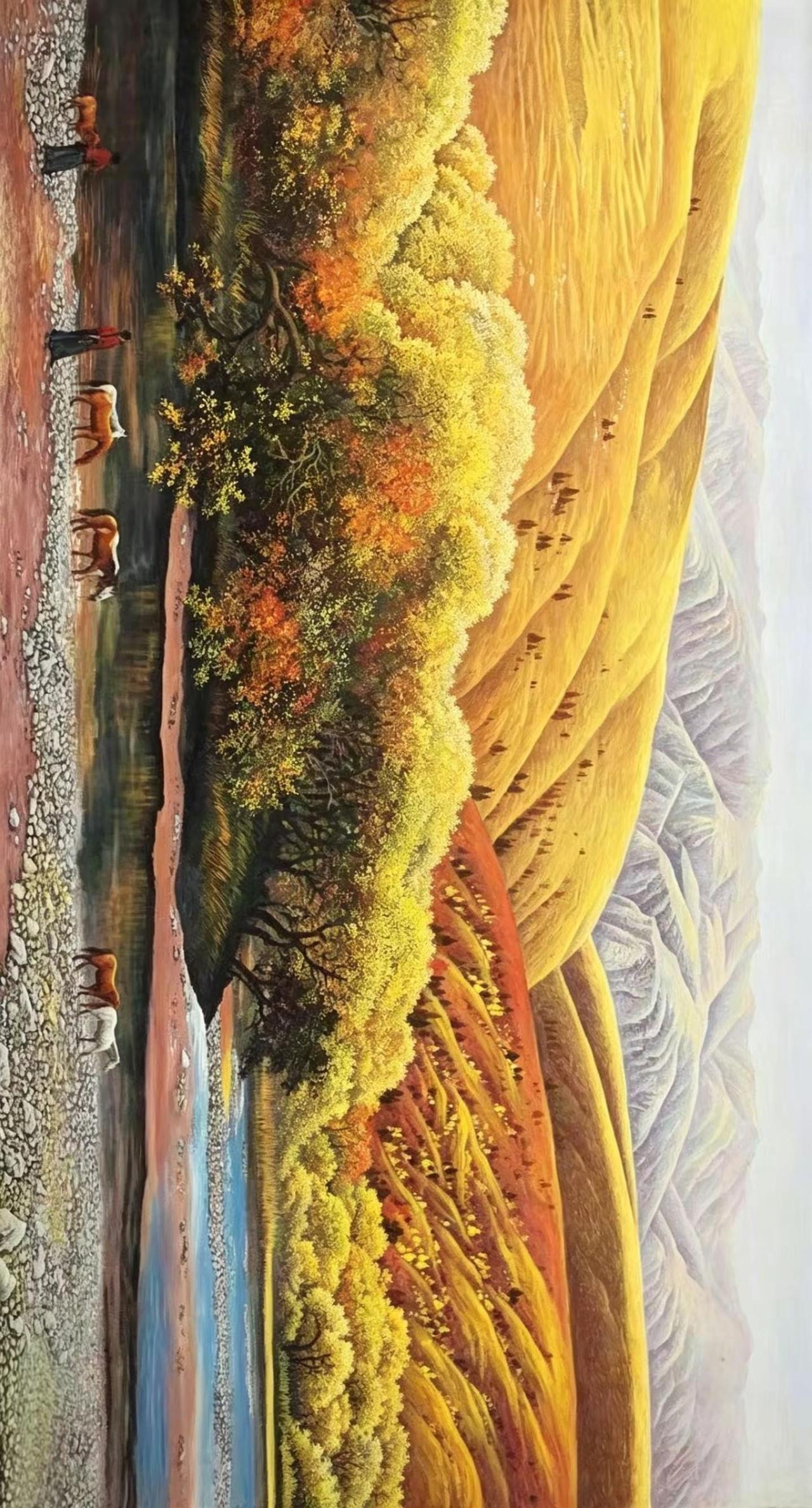 金秋饮马。国画山水创作者中心 创作灵感 国画 田间山水画 国画山水绣出诗意 尺寸