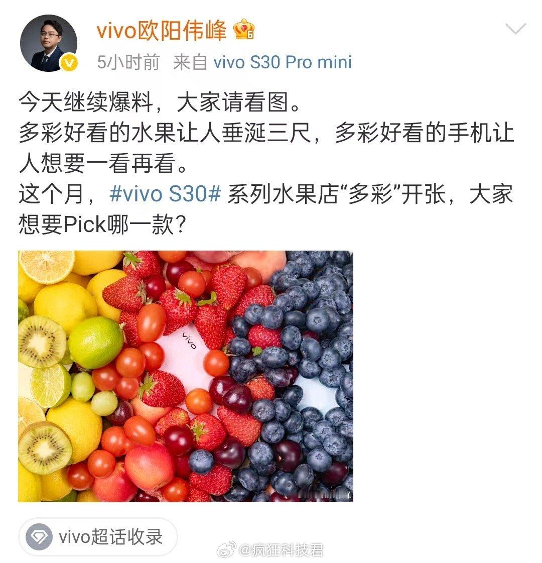 从爆料信息看，S30系列会有蓝色、金色、粉色和黑色等配色，就像多彩的水果一样亮眼