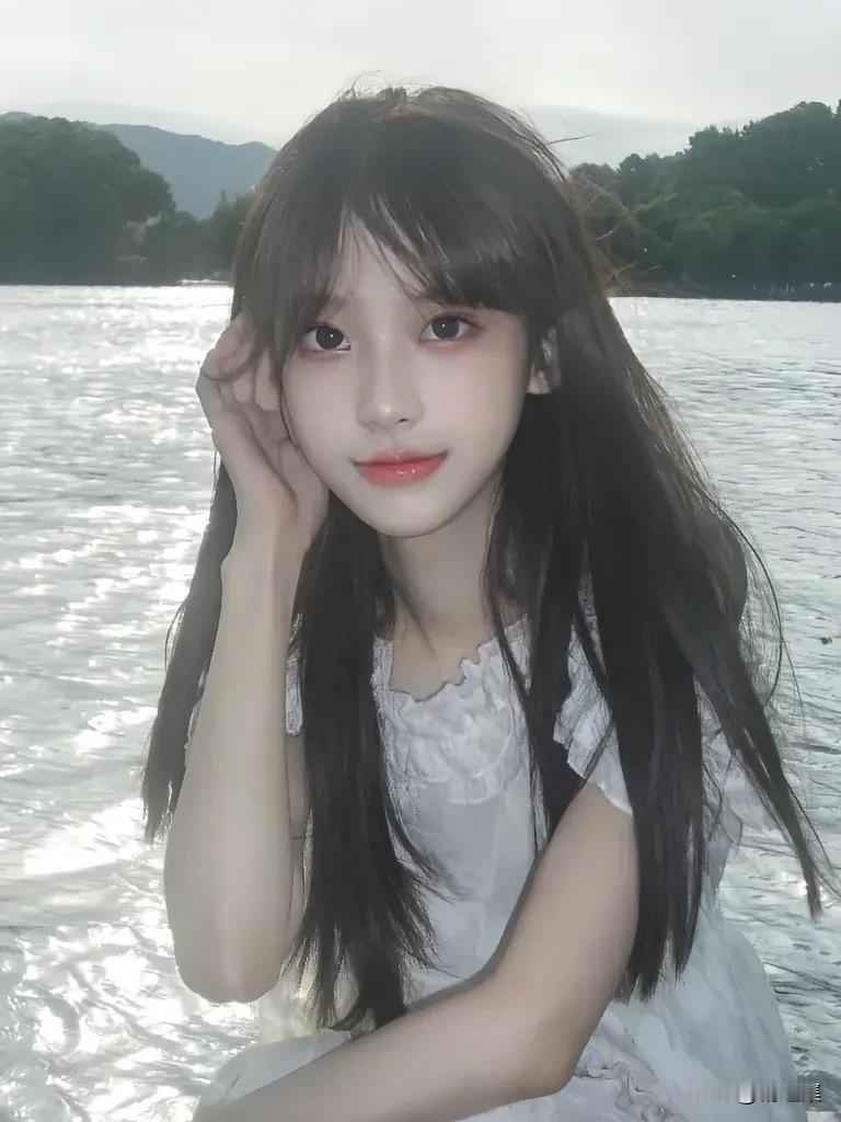 湖畔少女，轻抚发丝，温柔如水。