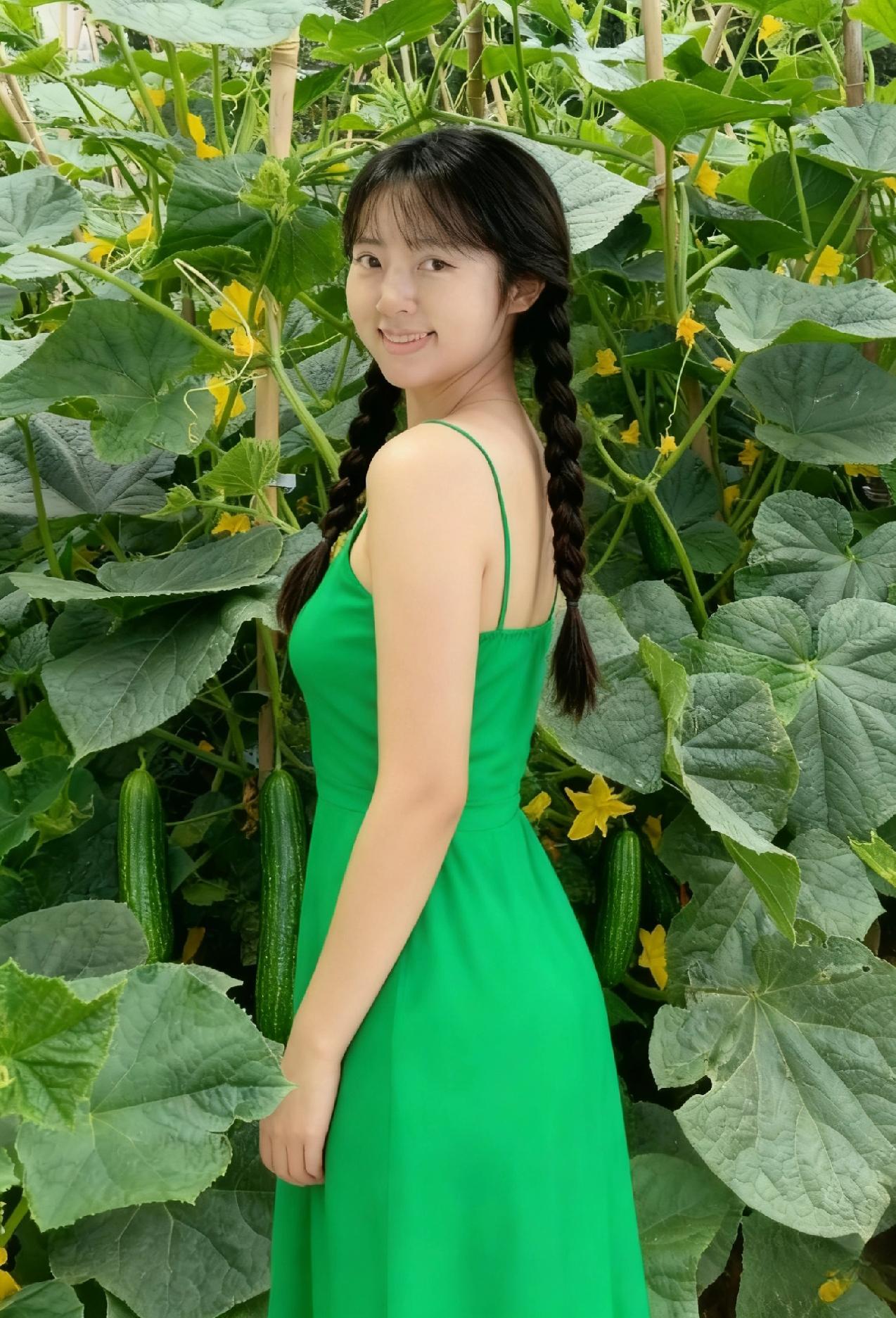 绿色的布料裹着风
在她身上跳舞
吊带是阳光的琴弦
弹奏着夏天的歌
 ～
她站在菜