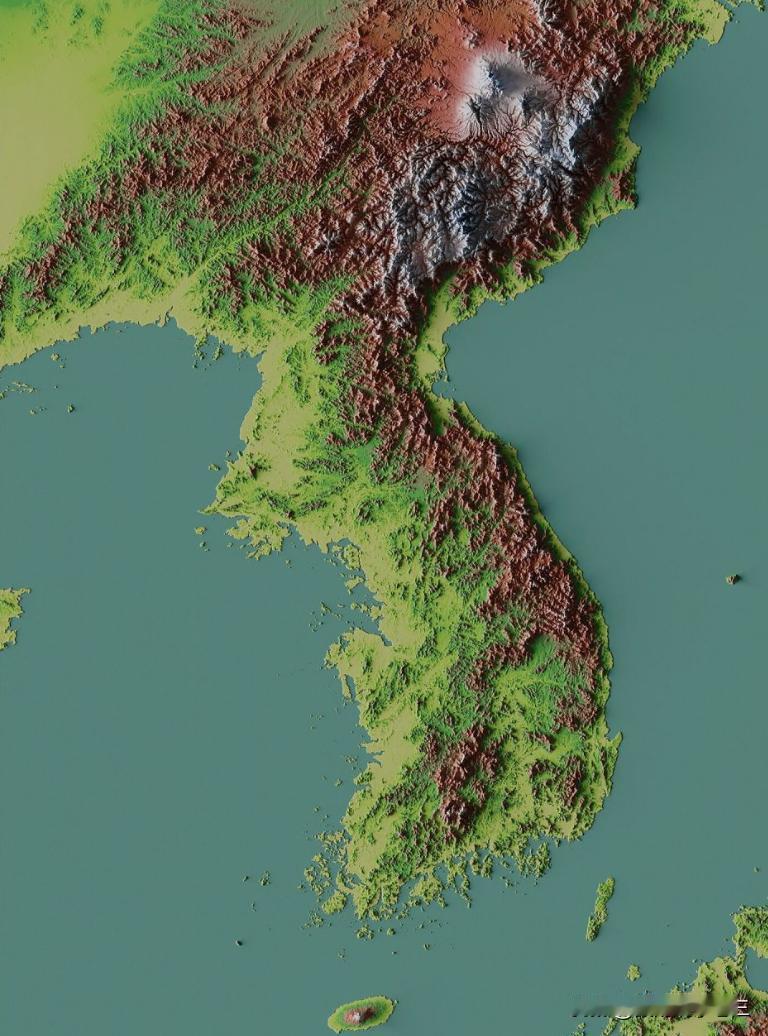 这是朝鲜半岛的地形图。
过去两千年的封建社会，中原王朝始终没有把全部朝鲜半岛纳入