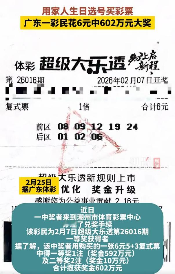 广东一彩民花6元中602万元大奖，其实，能够中一等奖的，都是天选之人，都是幸运儿