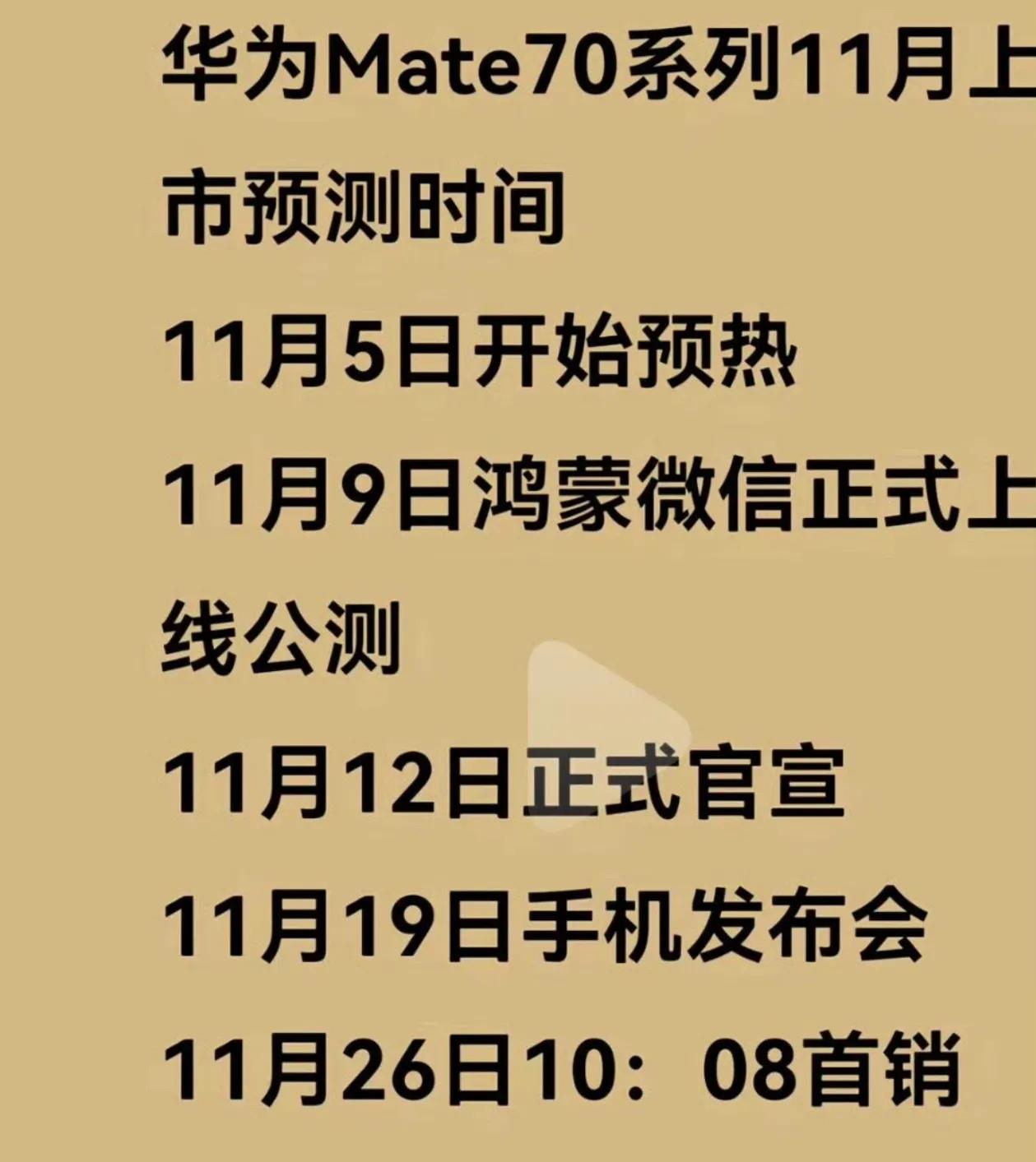 网传华为Mate 70系列预热节奏
11月5日开始预热
11月9日鸿蒙版微信开始