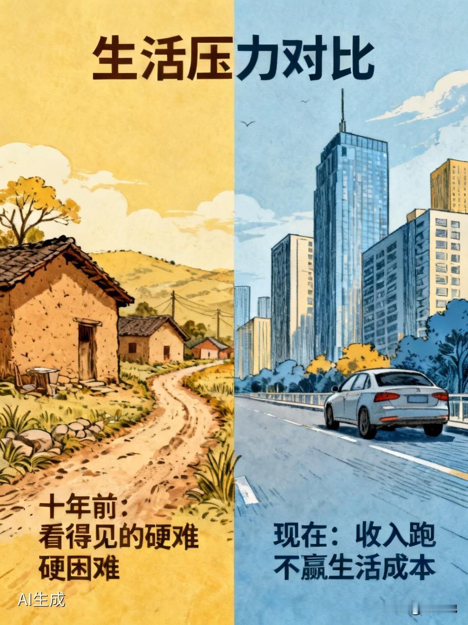 多数人认为压力感比十年前压力更大，十年前的压力多是看得见的硬困难，如基础物质匮乏
