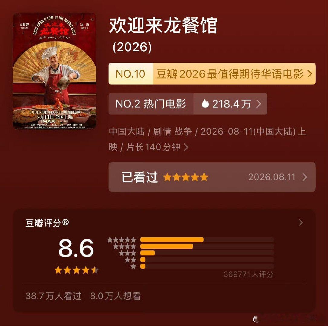 欢迎来龙餐馆持续涨分欢迎来龙餐馆豆瓣持续涨分 已经8.6了！ 