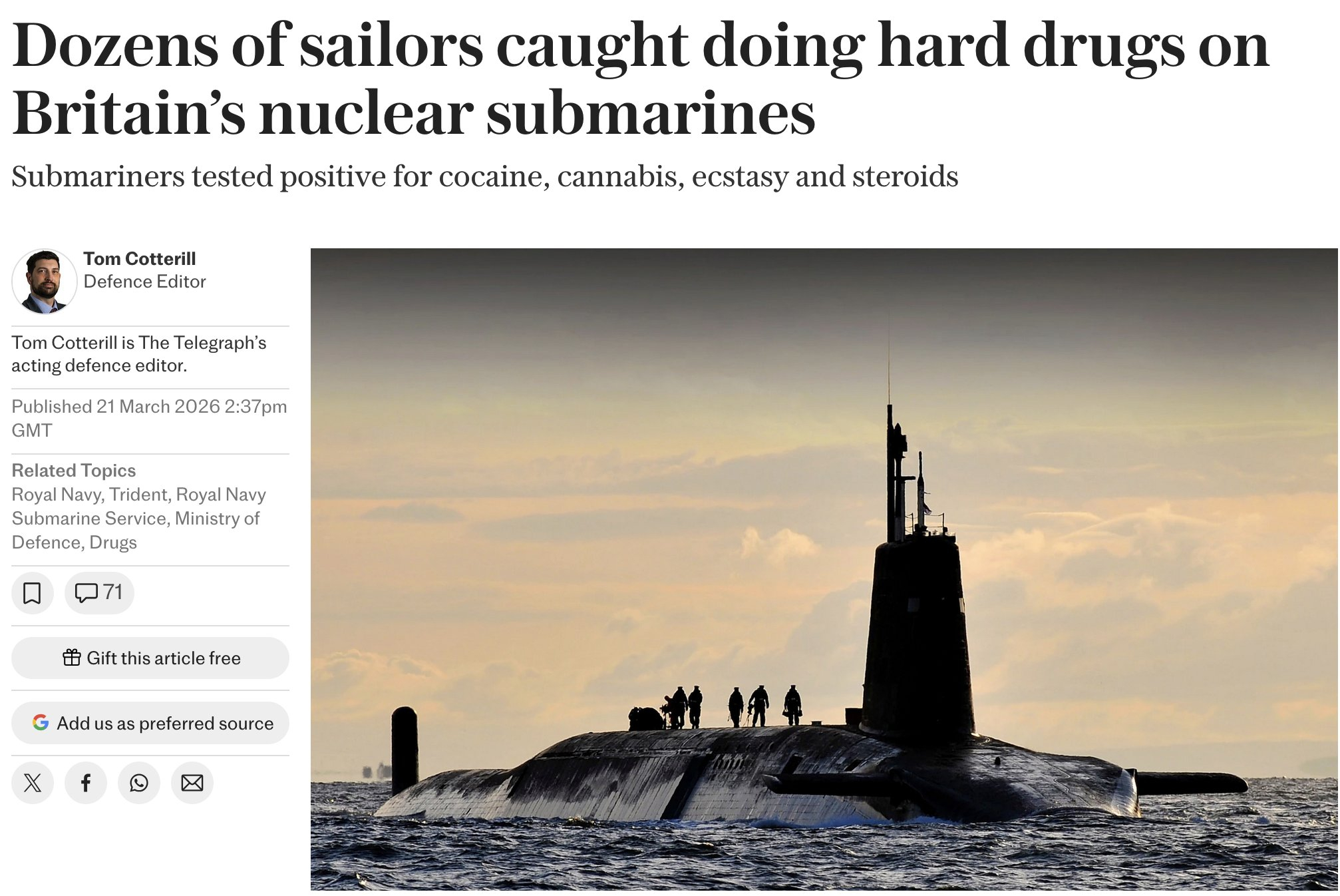 🔻《每日电讯报》：2018 年至 2024 年间，175 名英国皇家海军潜艇兵