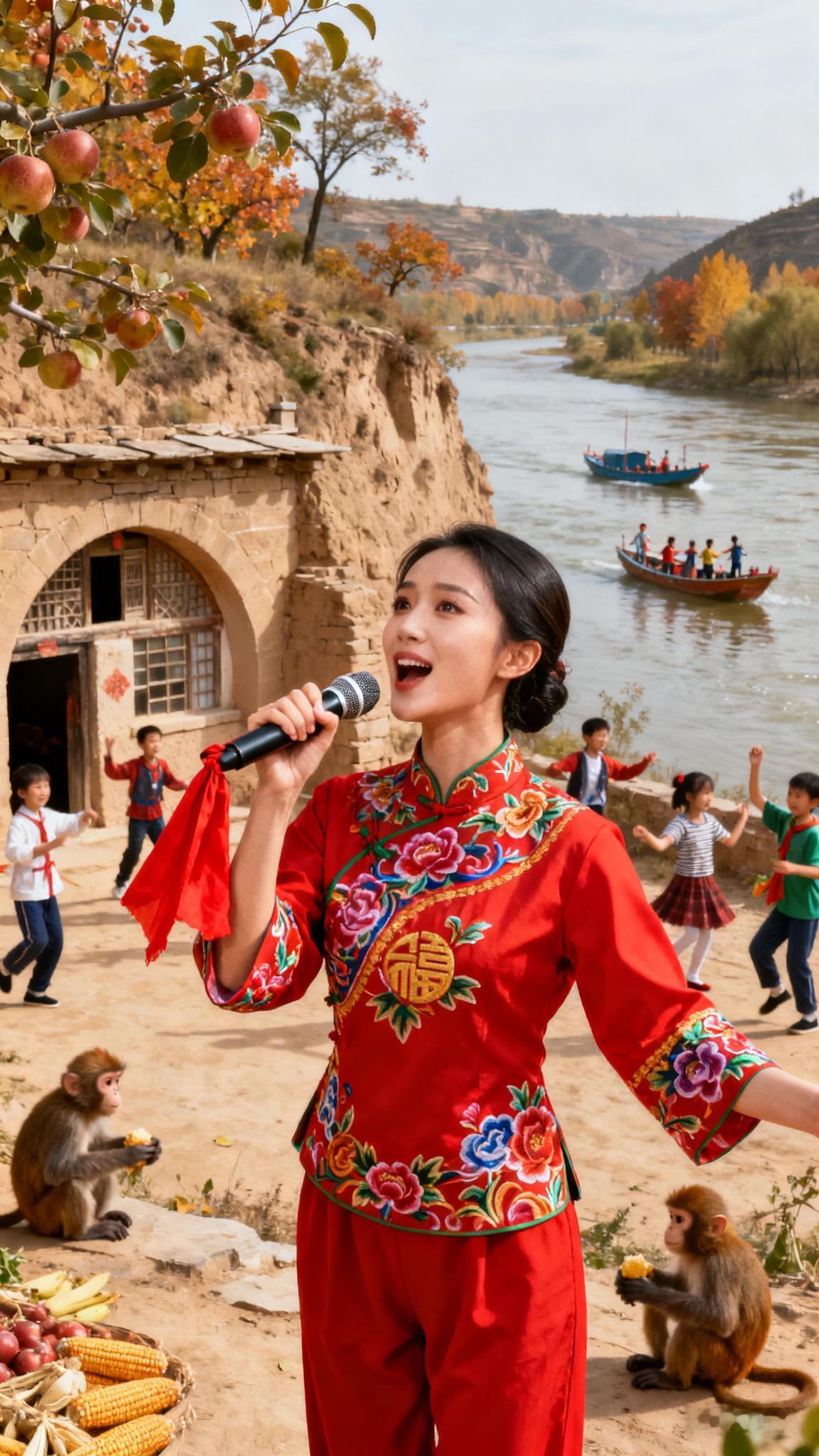 秋日黄土坡上，高挑美女着红绣吉祥纹传统衣，持红绸话筒在窑洞前忘情唱《圪梁梁》，喜